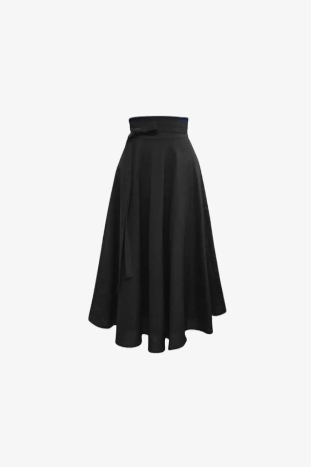 Black high-waisted pinwheel skirt with wide waistband and side tie detail on white background
