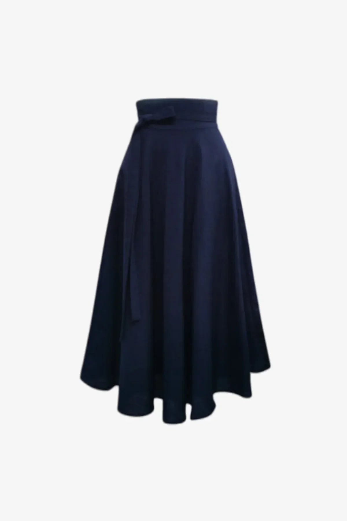 Navy blue high-waisted pinwheel skirt with waist tie detail on white background