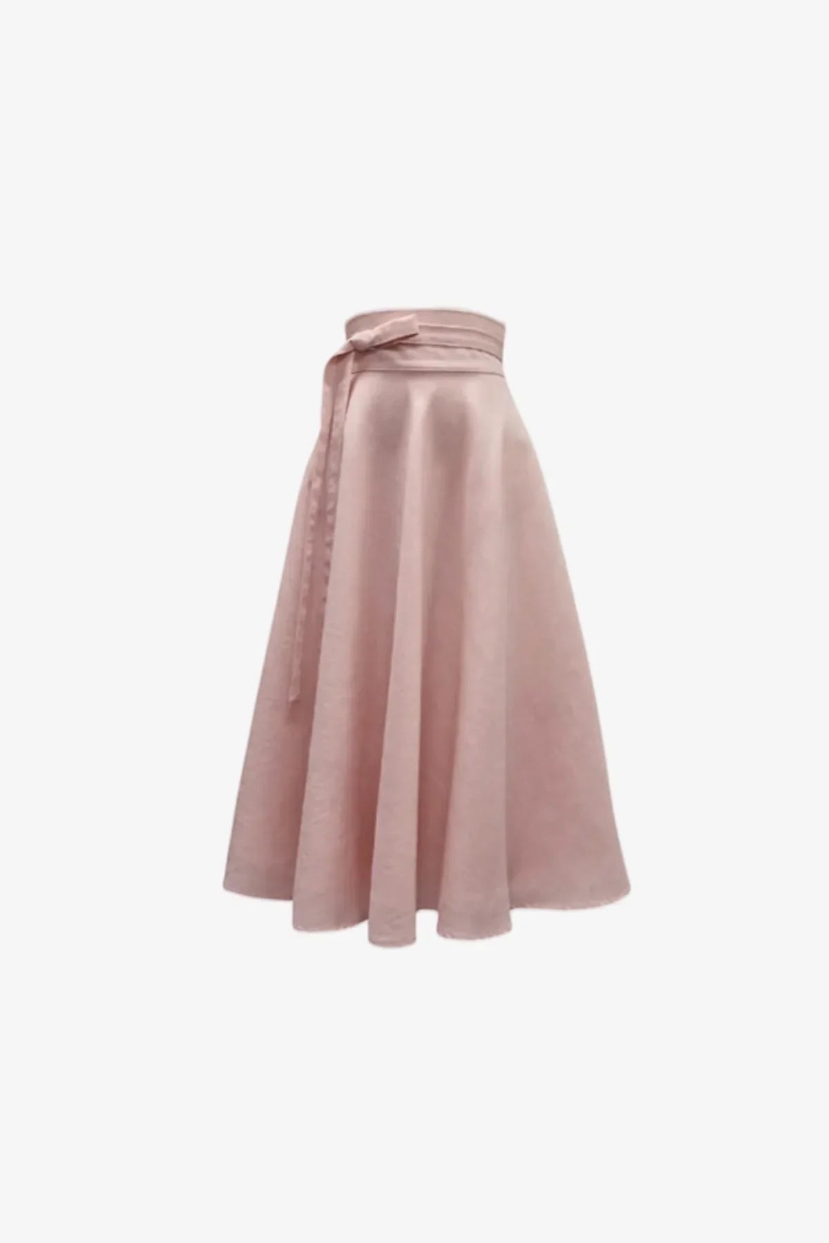 Light pink pinwheel midi skirt with high waist and side tie detail on white background