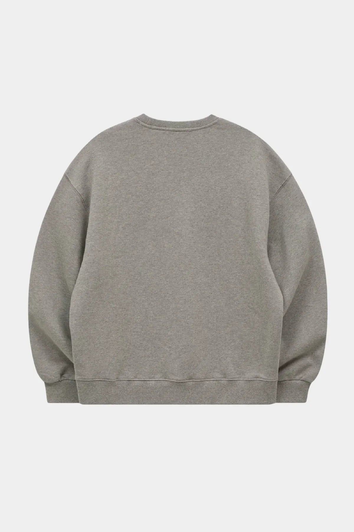 Back view of a plain grey crewneck sweatshirt with long sleeves and ribbed cuffs