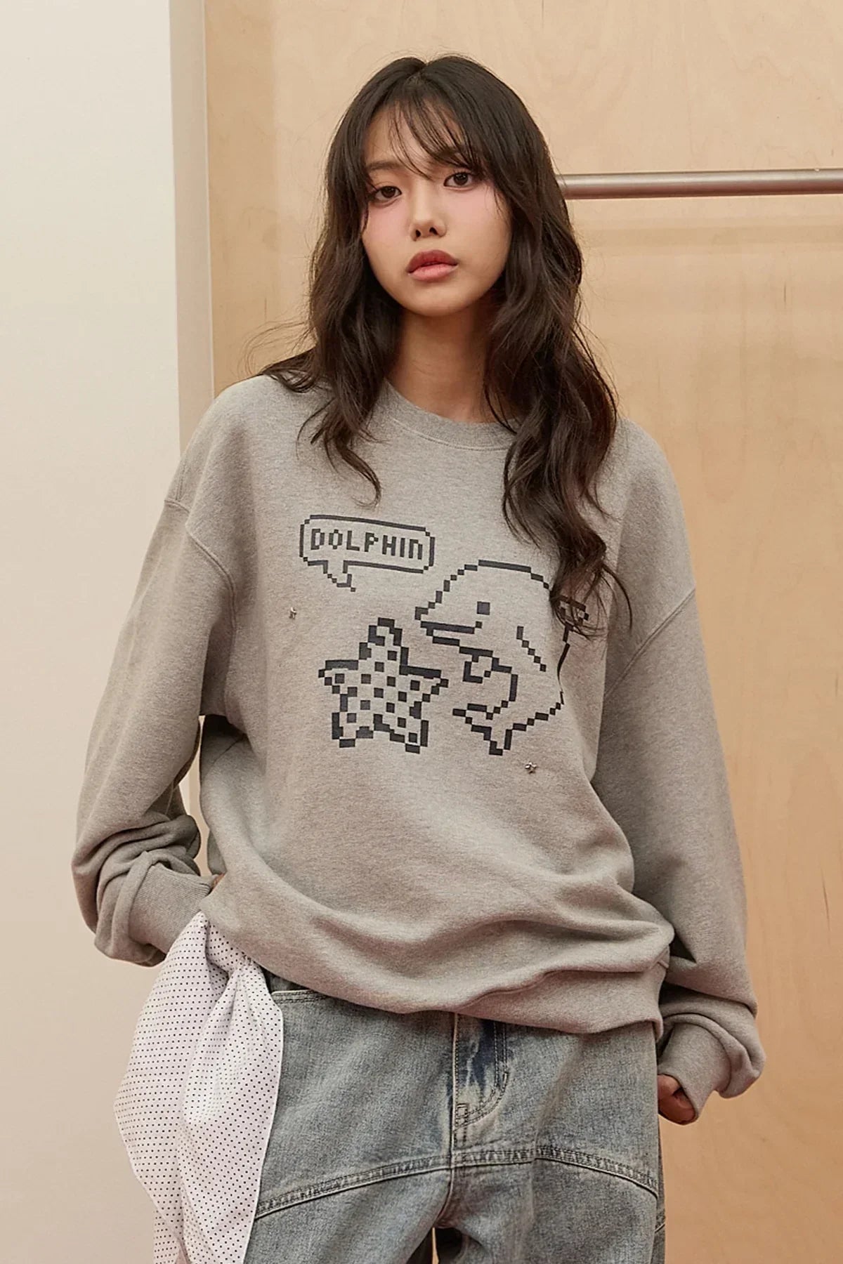 Model wearing grey sweatshirt with pixel art dolphin and starfish graphic and speech bubble text 'DOLPHIN'