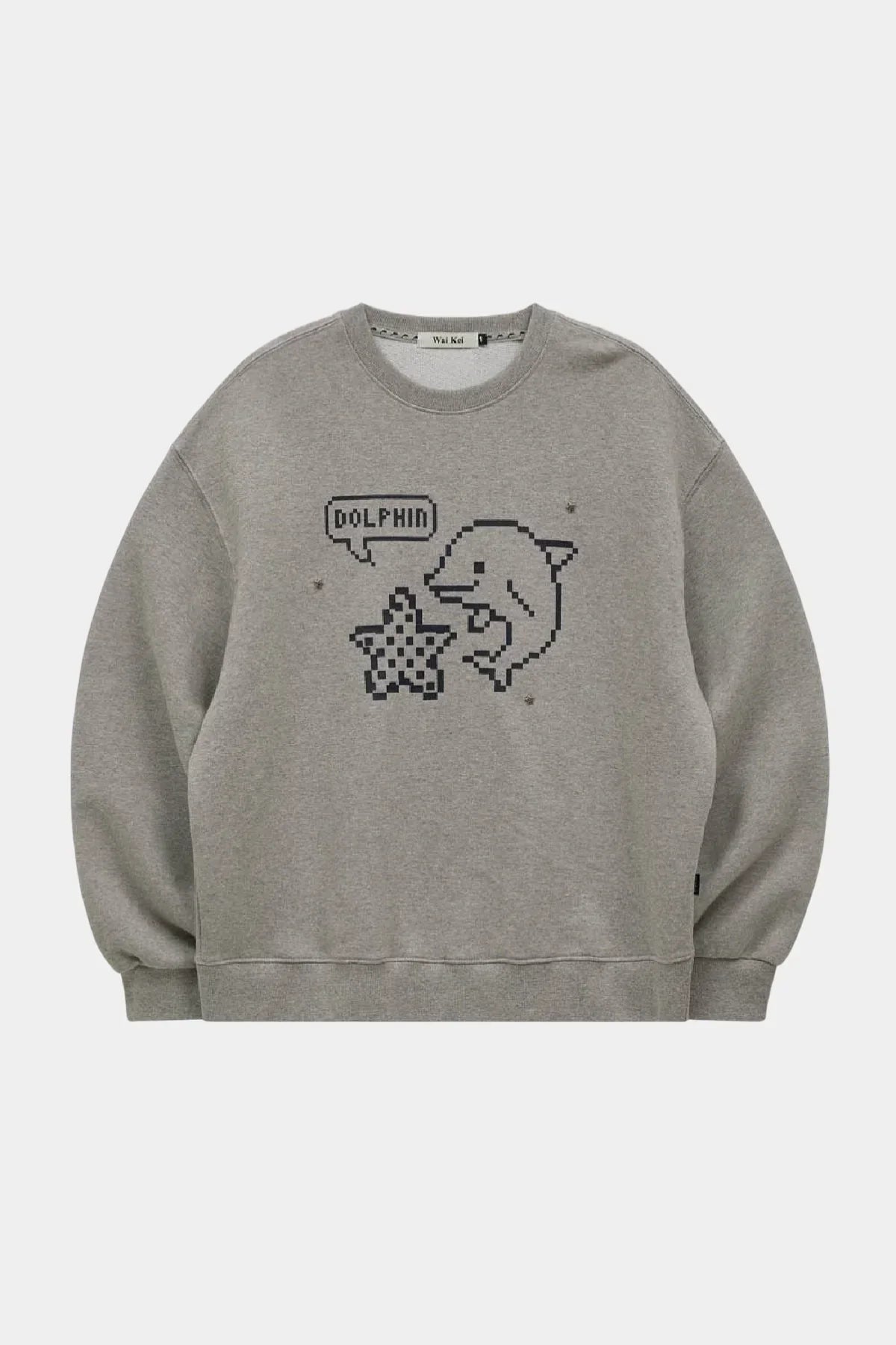 Grey sweatshirt with pixel art dolphin and starfish graphic and dolphin speech bubble