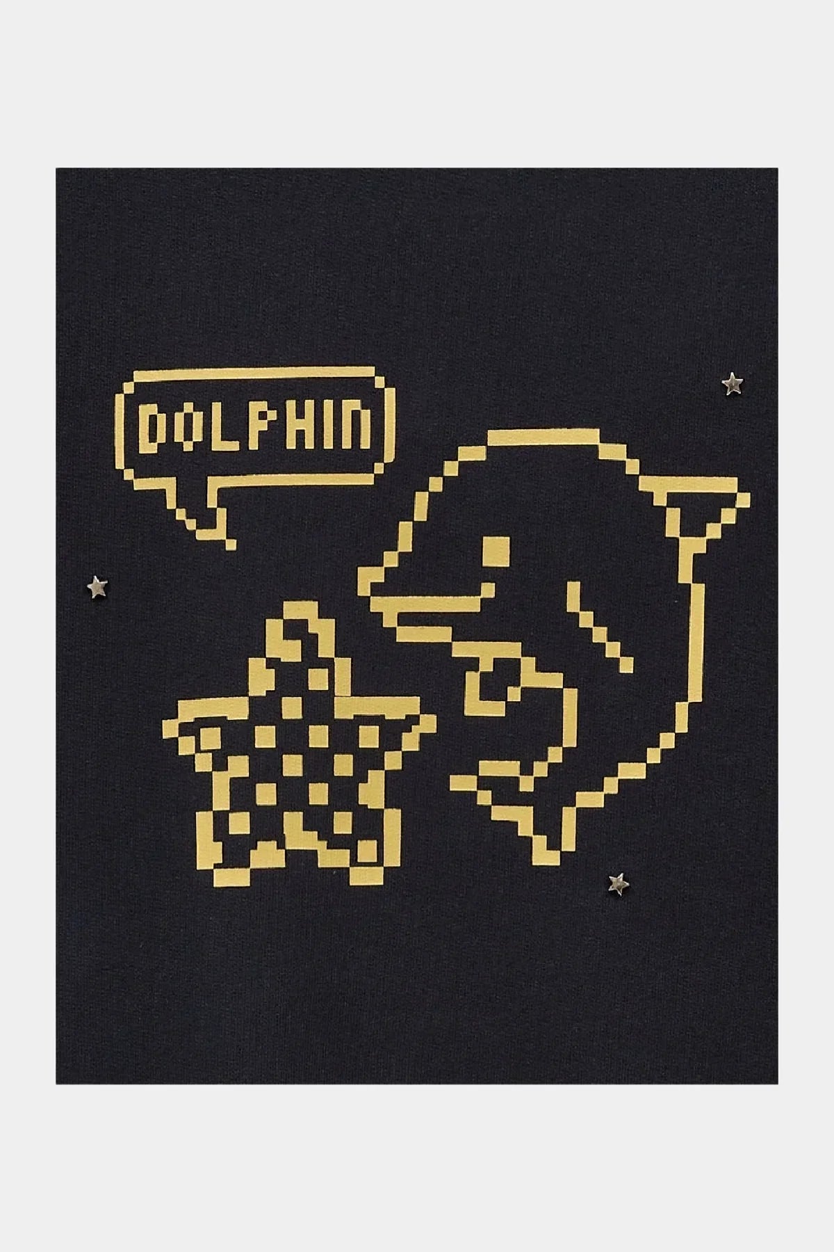 Navy sweatshirt detail with pixel art dolphin and star, speech bubble reading 'DOLPHIN', and small star embellishments