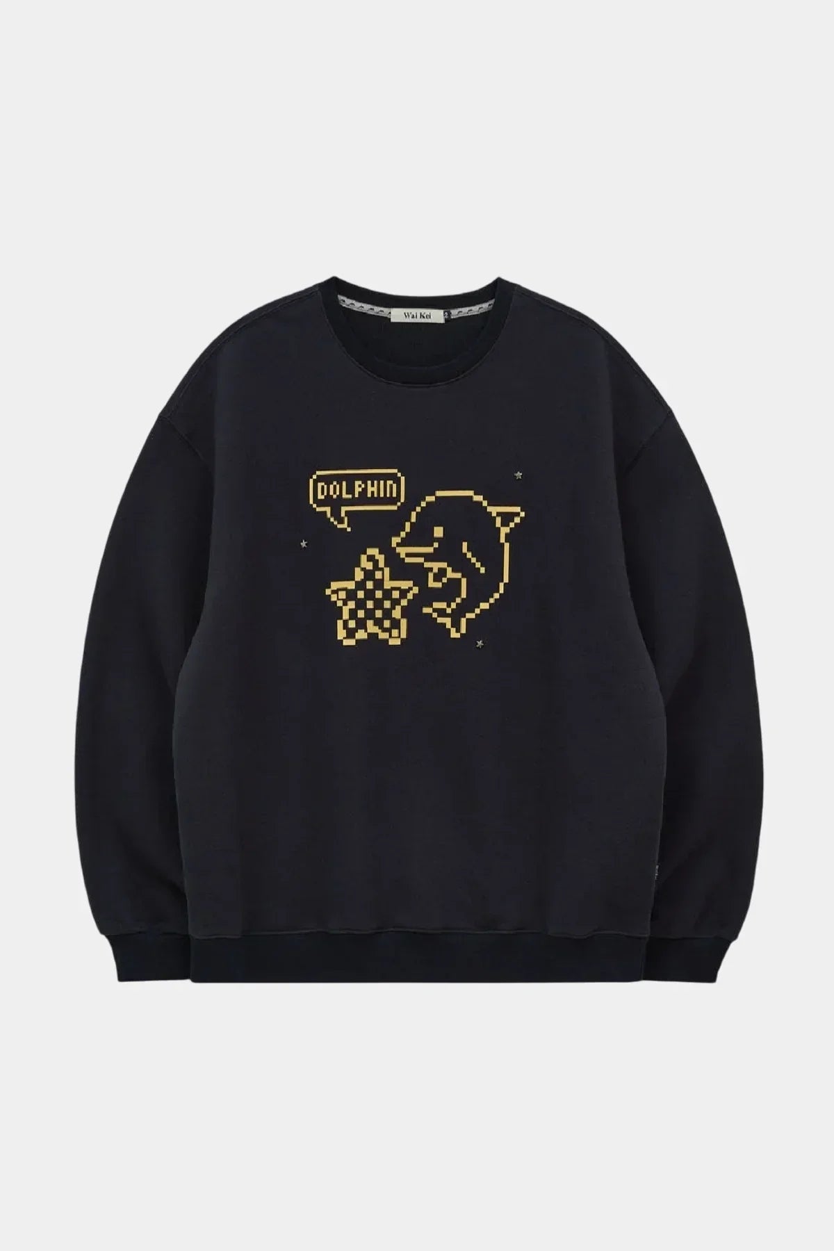 Navy sweatshirt with pixel art dolphin and star design, speech bubble saying dolphin