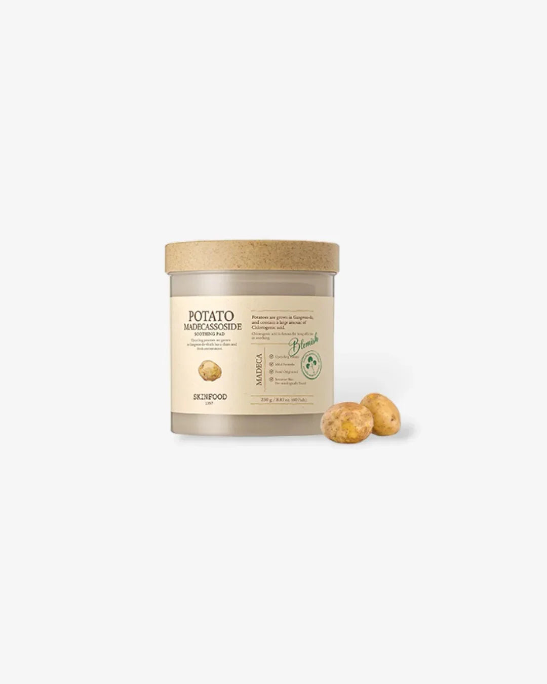 Potato Madecassoside Soothing Pad skincare jar with cork lid and two small potatoes
