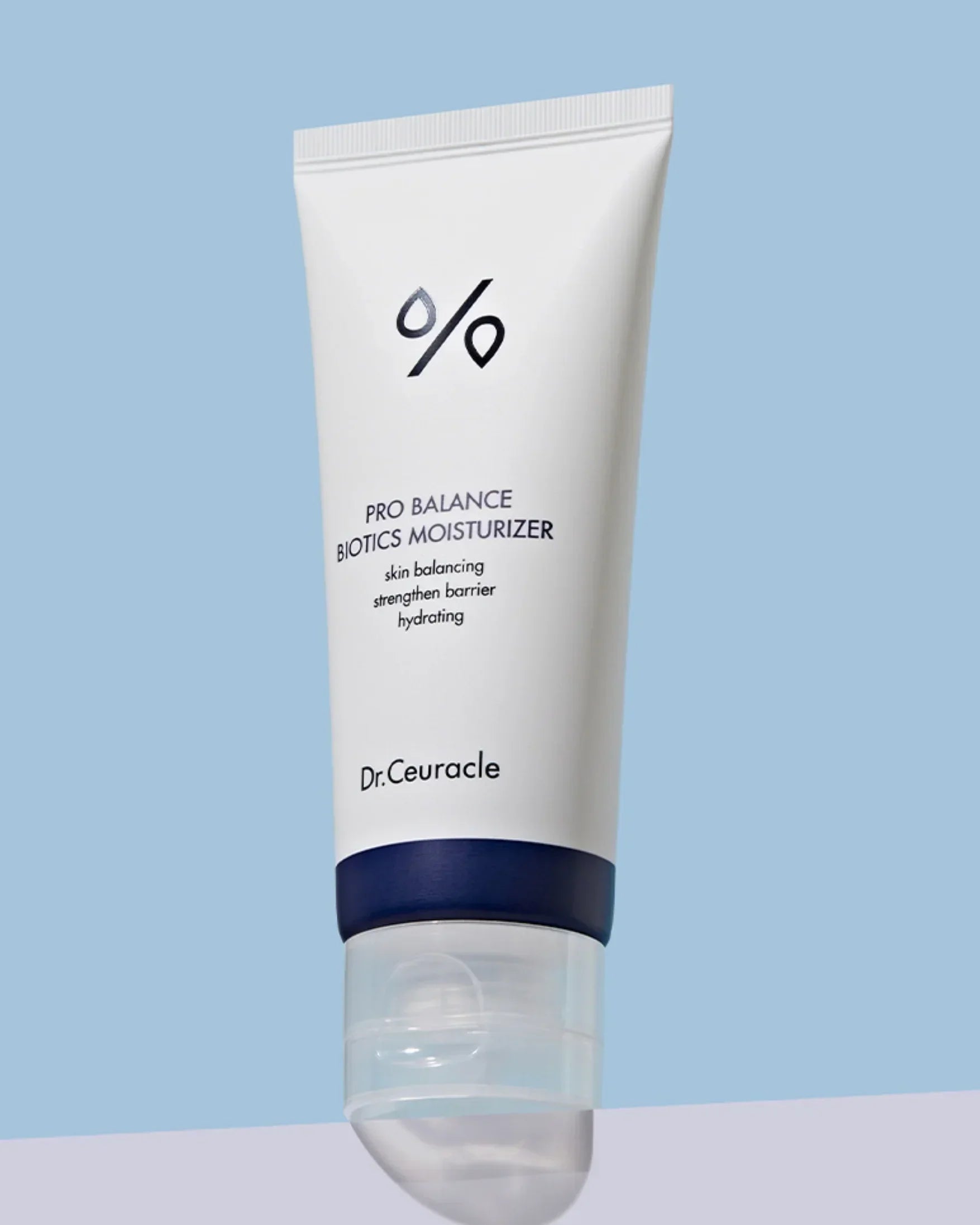 Dr. Ceuracle Pro Balance Biotics Moisturizer tube on light blue background, hydrating skincare product