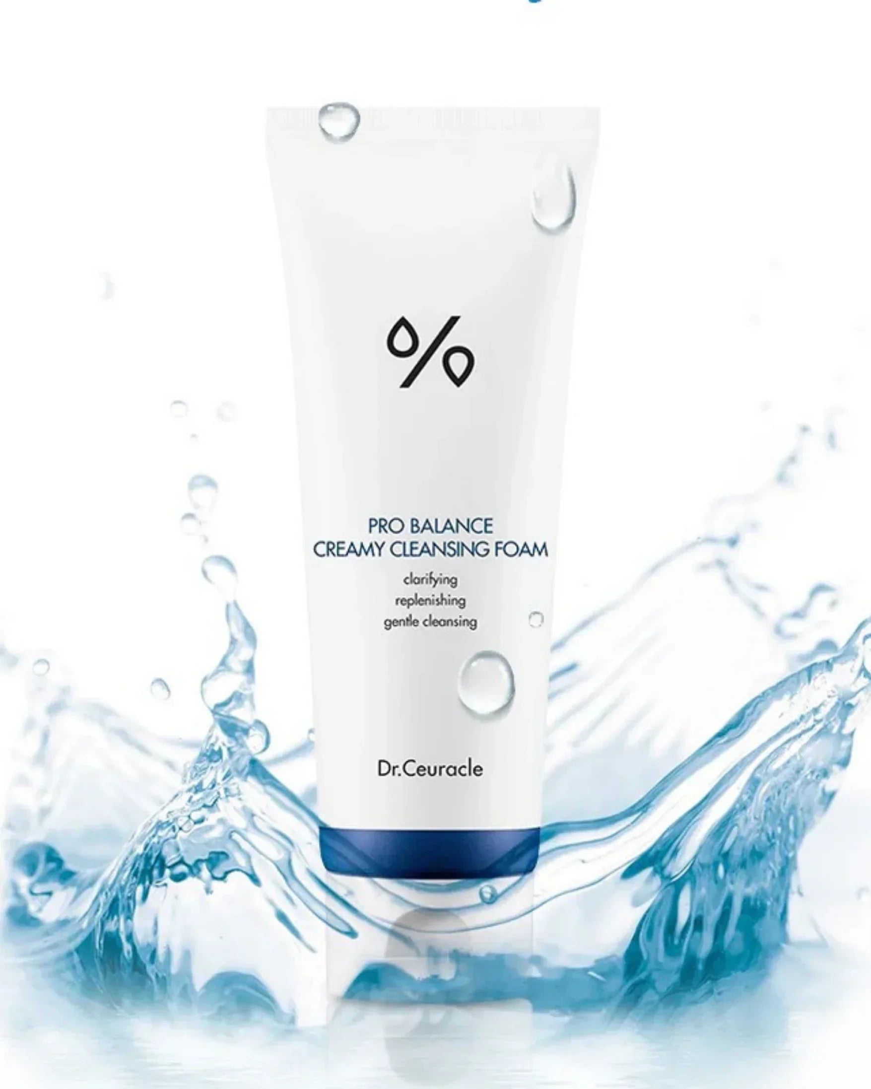 Dr.Ceuracle Pro Balance Creamy Cleansing Foam tube with water splash background