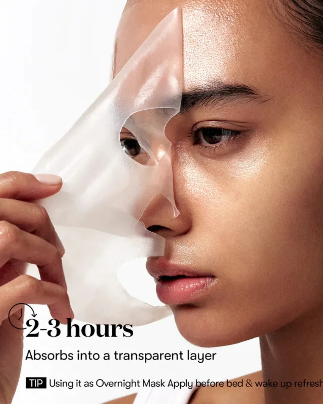Close-up of woman peeling off transparent hydrogel face mask showing smooth skin and skincare routine