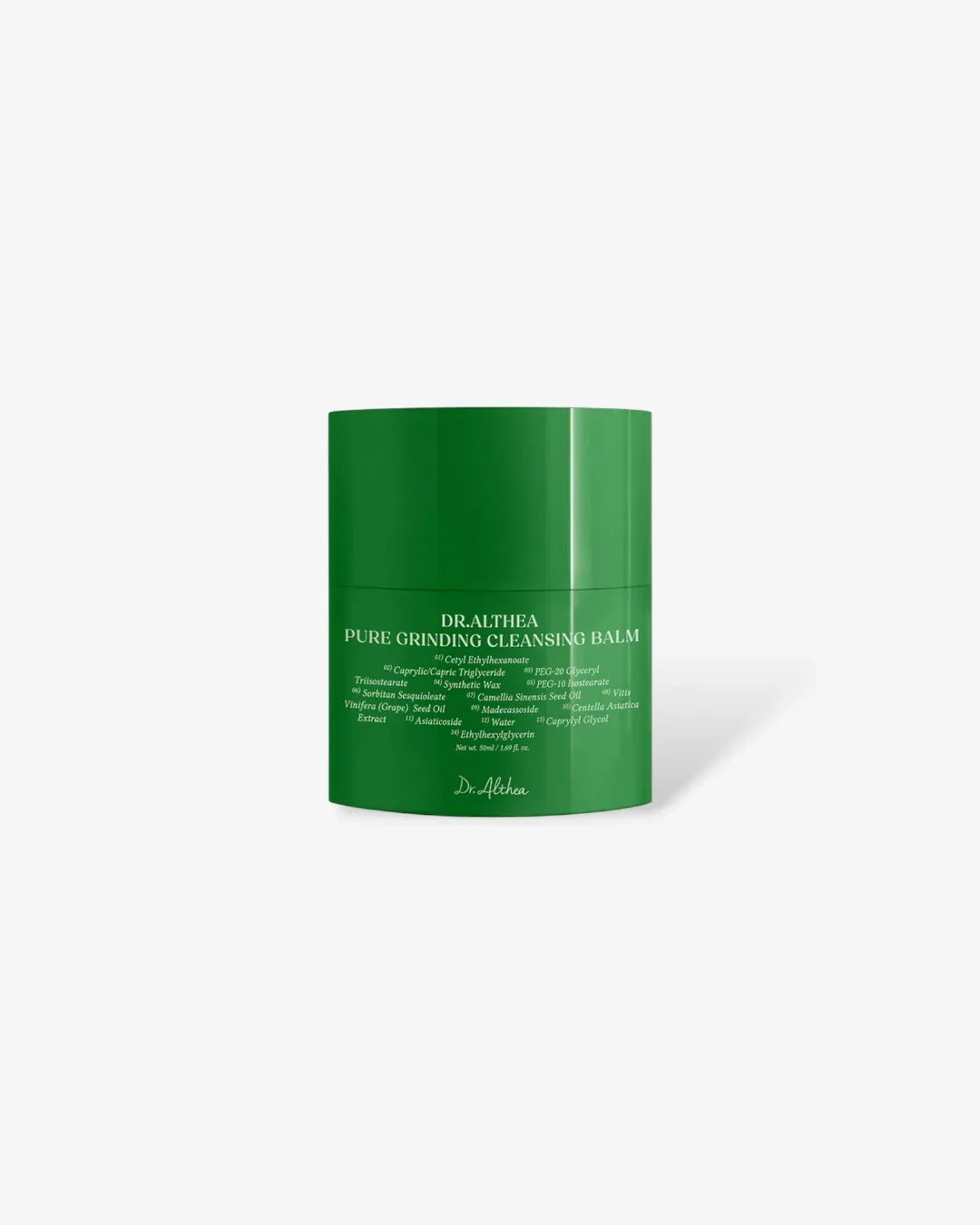 Dr. Althea Pure Grinding Cleansing Balm in a green container with ingredient list on white background