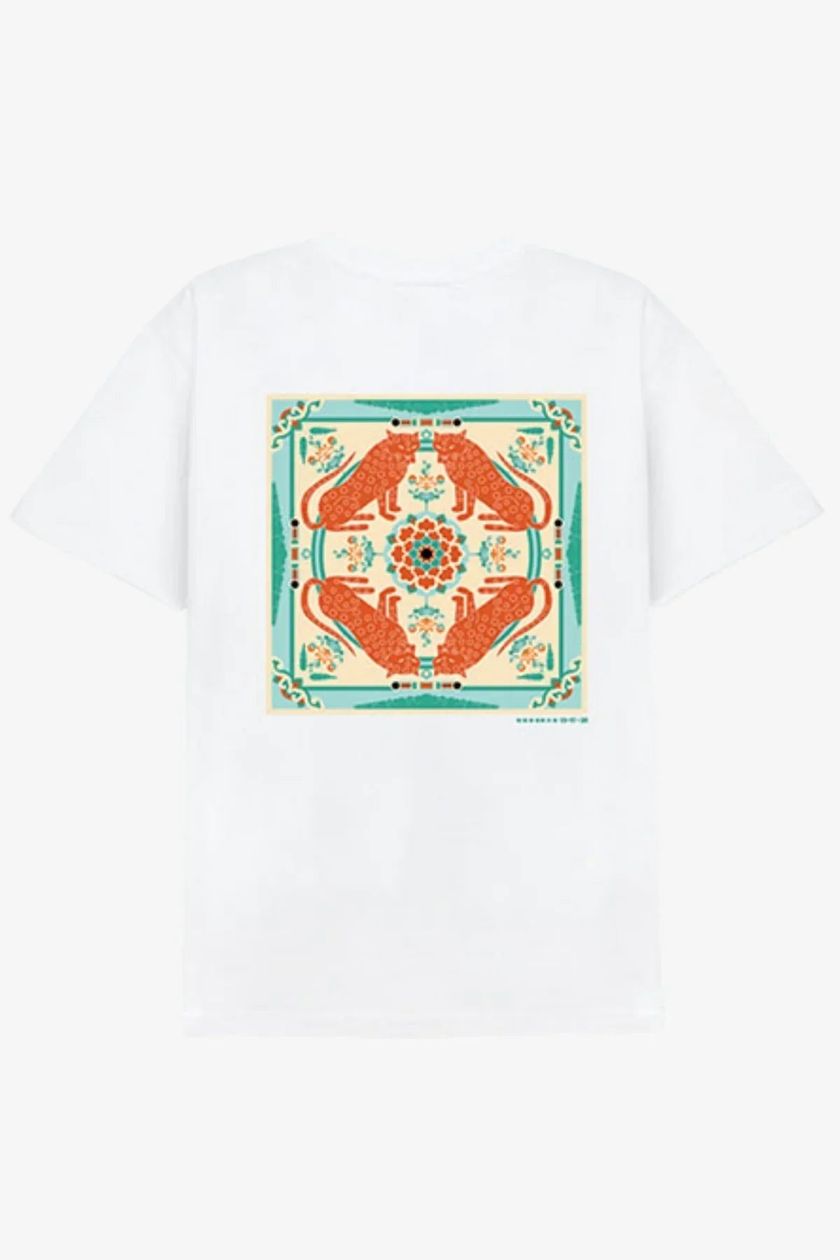 White T-shirt with a colorful symmetrical design of four red leopards and floral patterns on the back