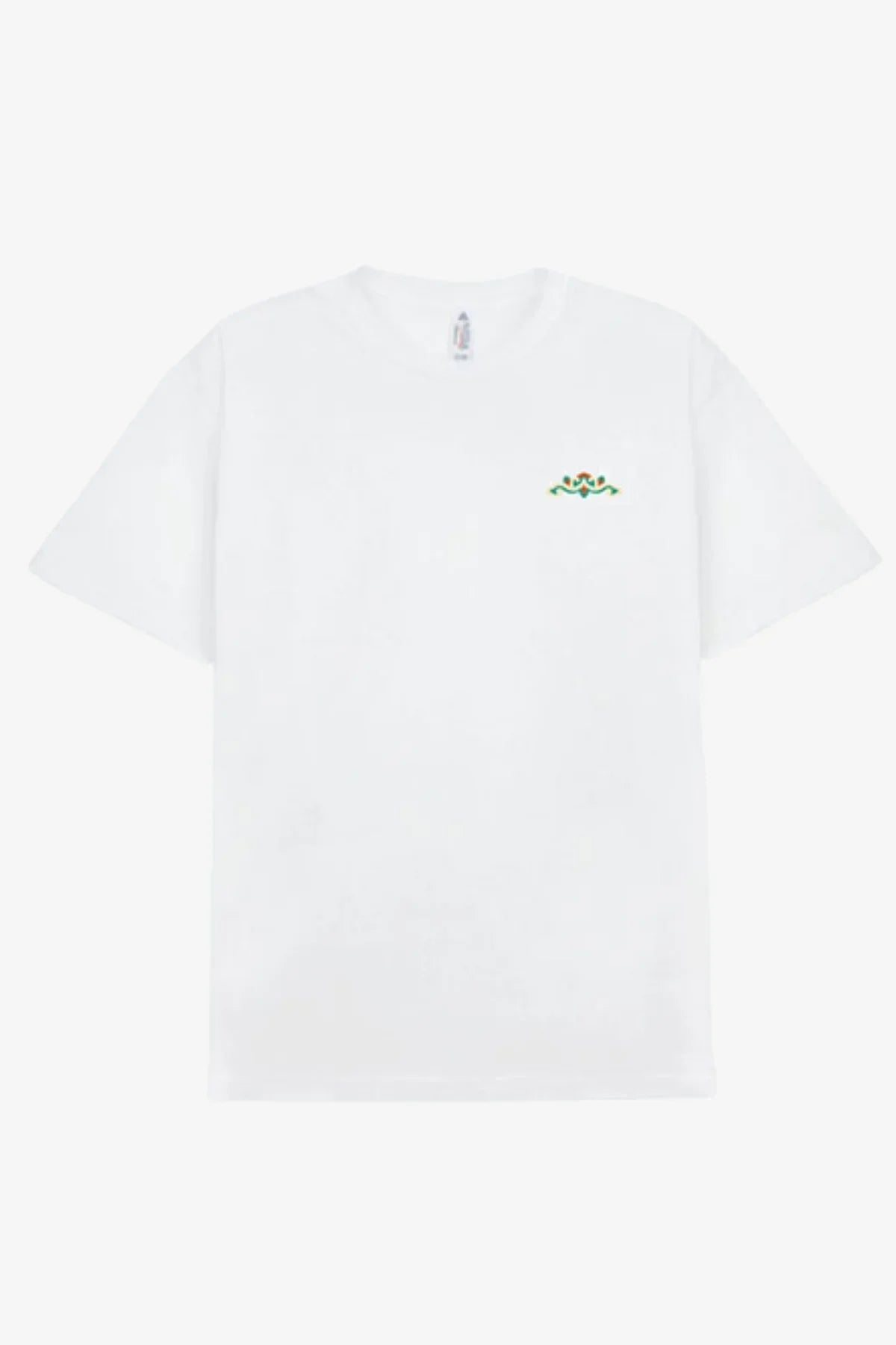 White short-sleeve t-shirt with small colorful embroidered logo on chest