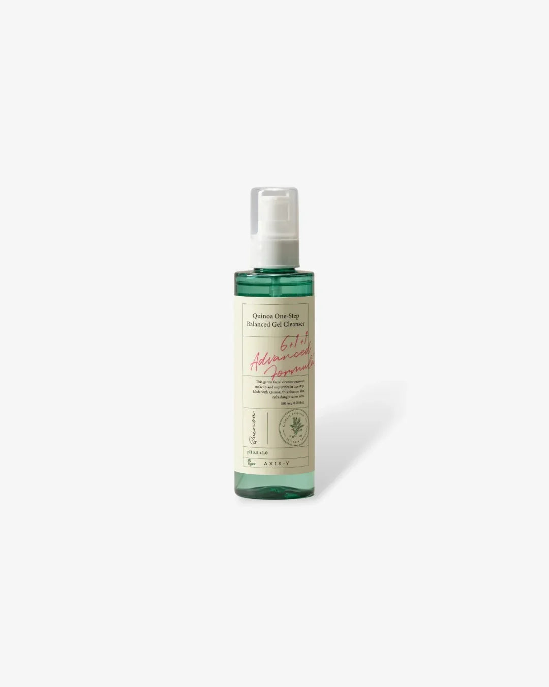 Quinoa One-Step Balanced Gel Cleanser in green bottle with white pump on white background