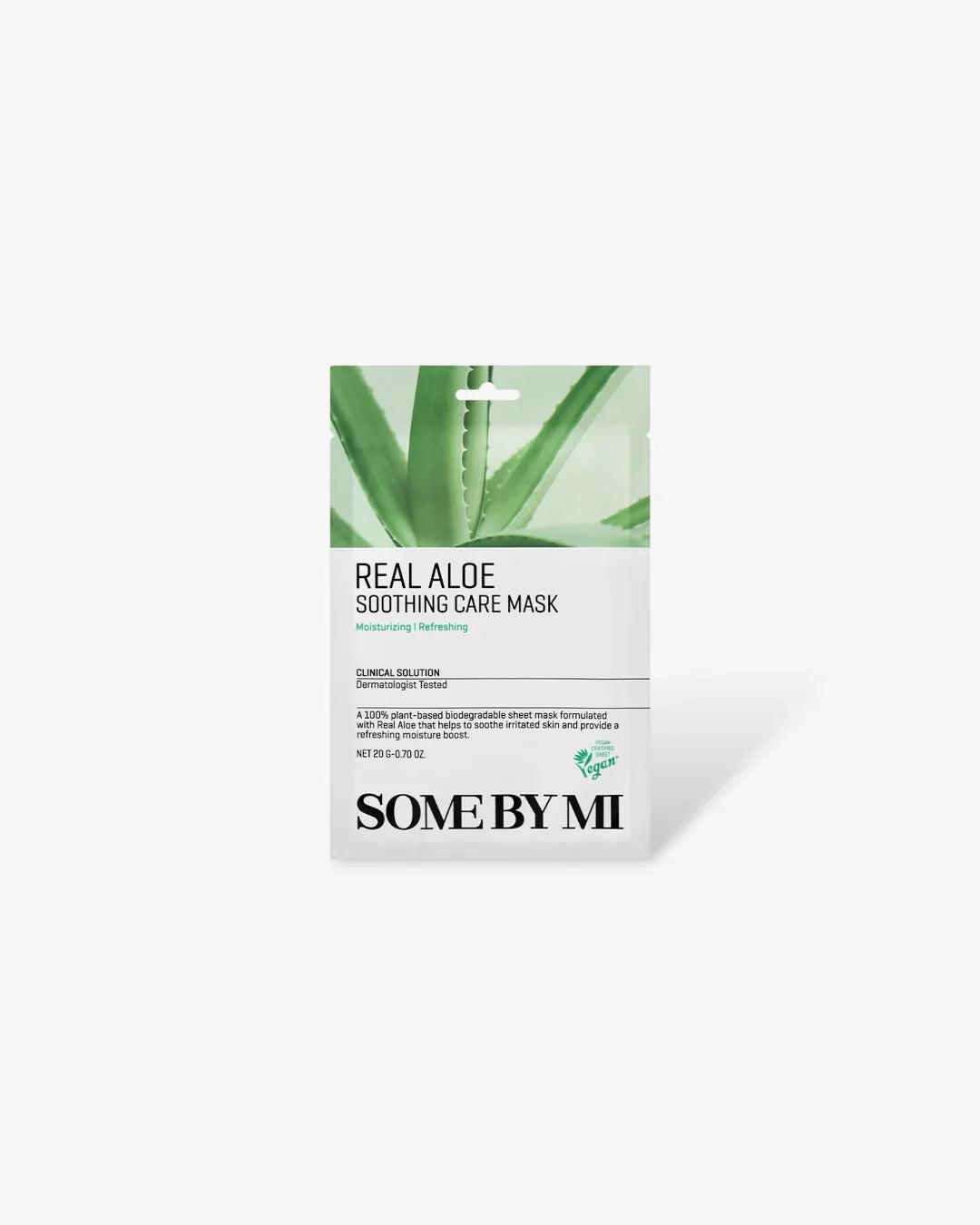 Some By Mi Real Aloe Soothing Care Mask packaging with aloe leaf image, moisturizing and refreshing sheet mask