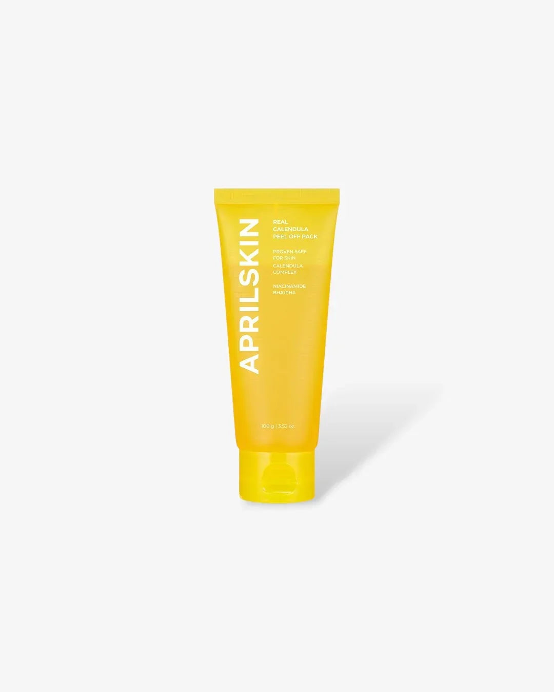 Yellow tube of Aprilskin Real Calendula Peel Off Pack skincare product on white background