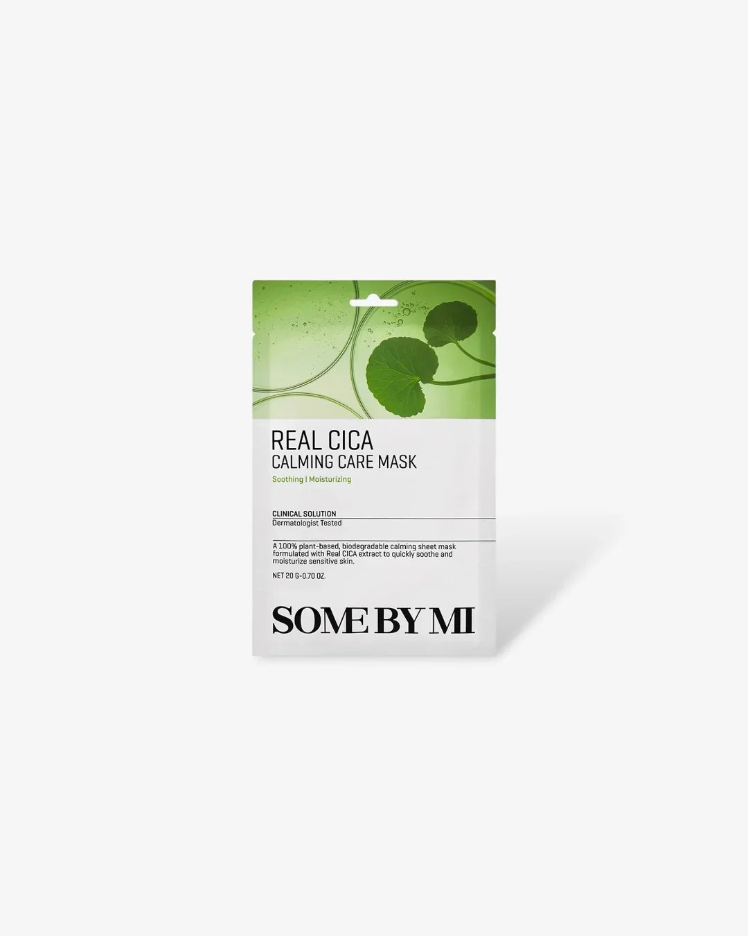 Some By Mi Real Cica Calming Care Mask packaging with green leaves and clear gel background
