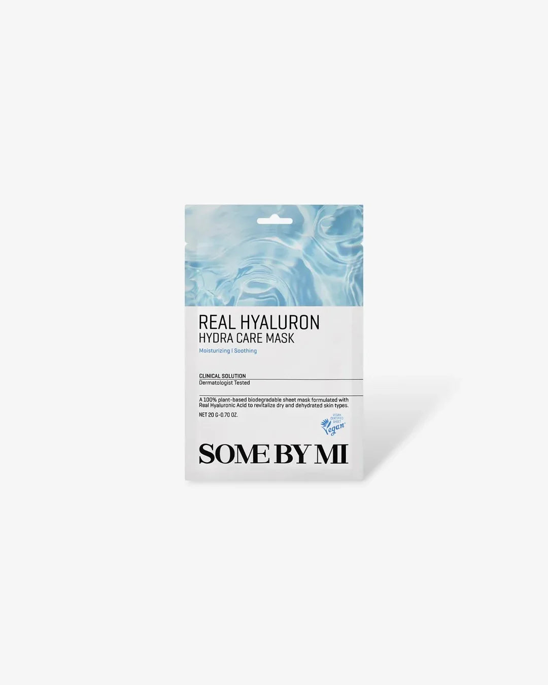 SOME BY MI Real Hyaluron Hydra Care Mask packaging with blue water design, moisturizing, soothing sheet mask
