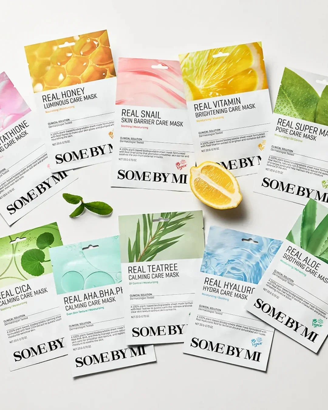 Collection of Some By Mi skincare sheet masks including Real Honey, Snail, Vitamin, Tea Tree, Hyaluronic, Aloe, Cica, and AHA.BHA.PHA masks