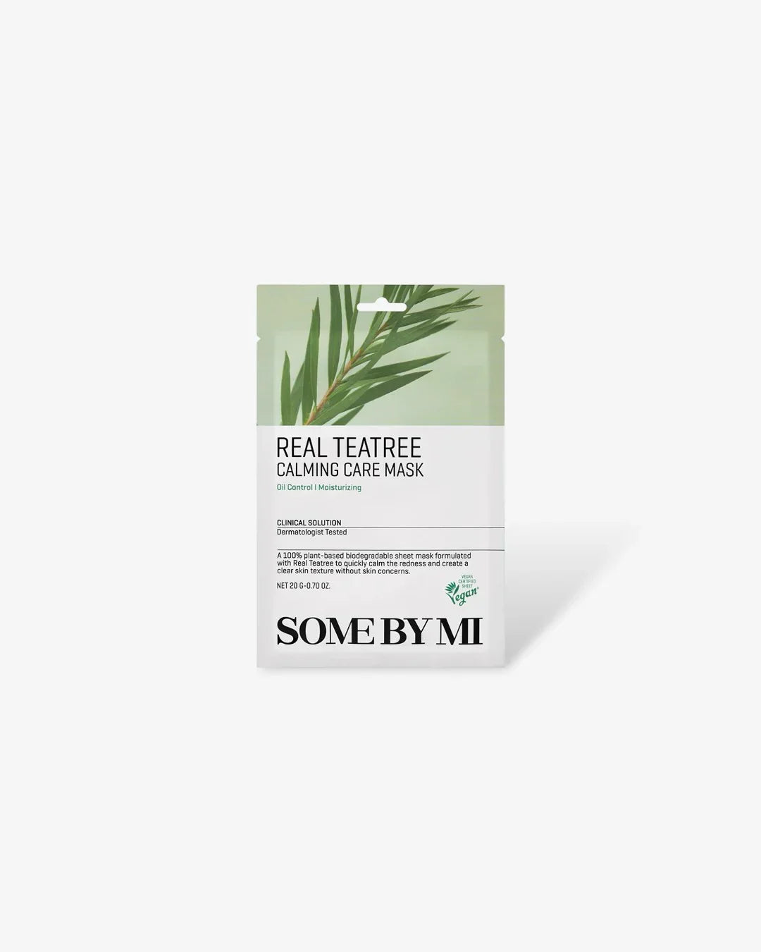 Real Teatree Calming Care sheet mask packaging with green leaf design, oil control, moisturizing