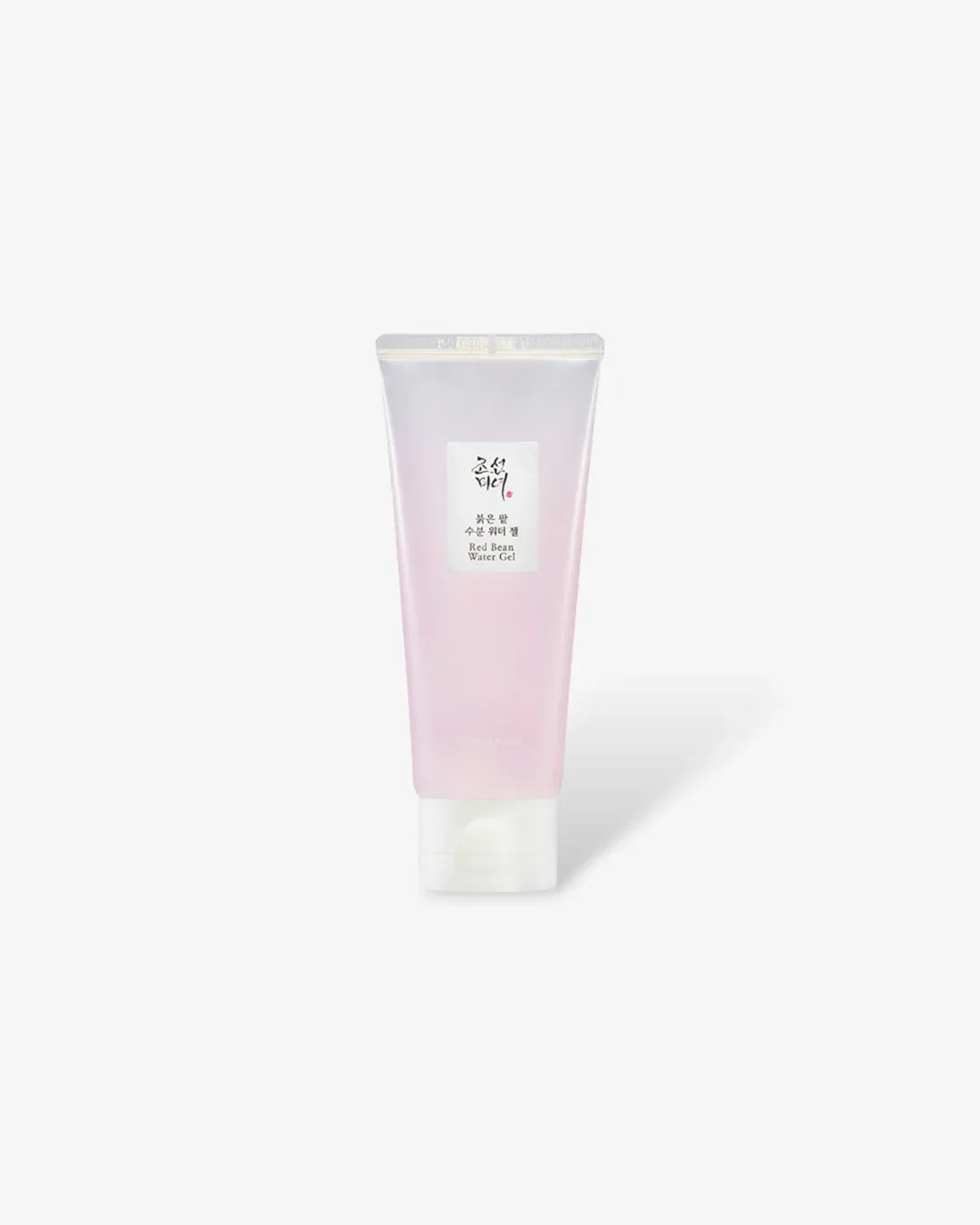 Tube of red bean water gel skincare product with pink translucent packaging on white background
