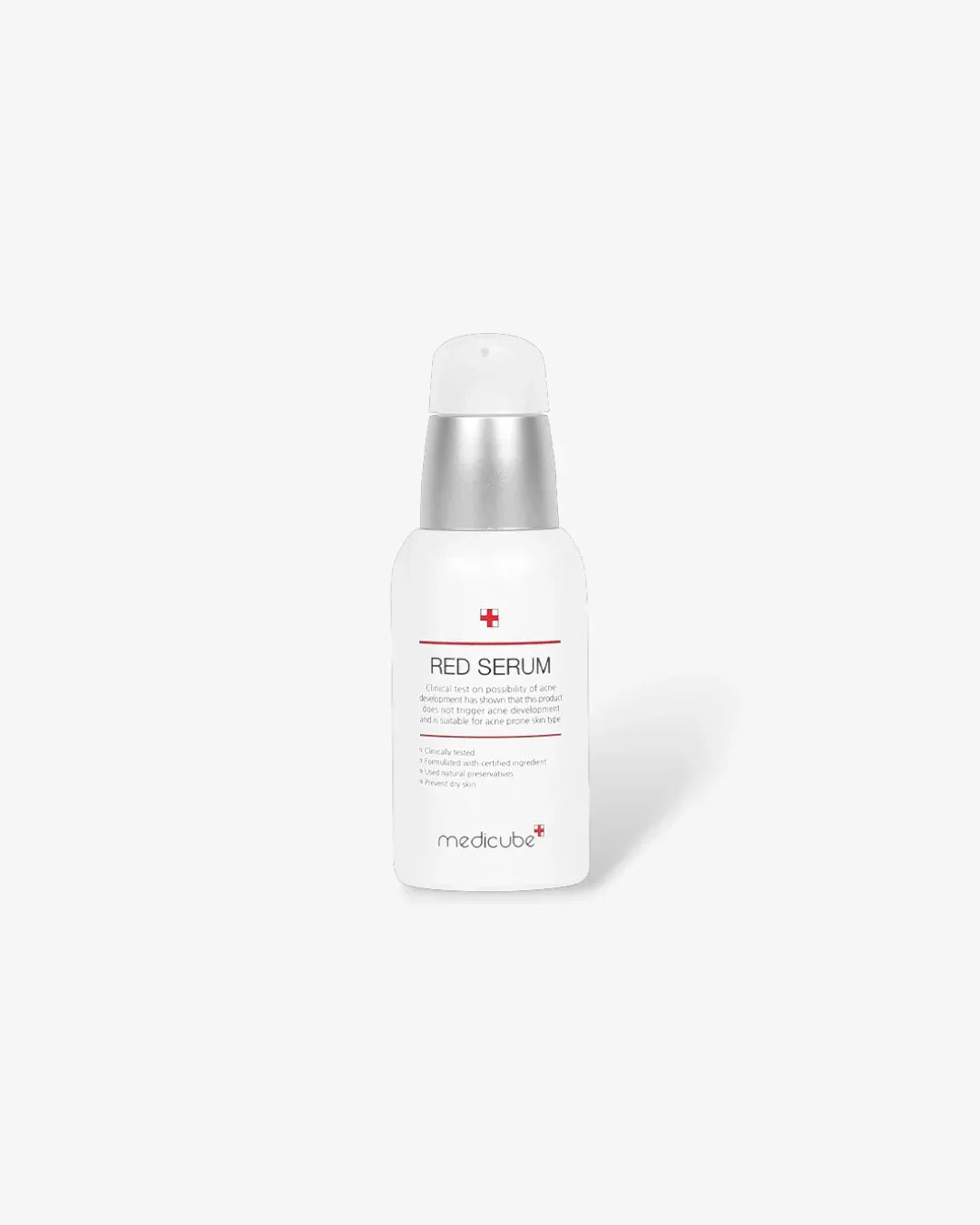 Medicube Red Serum 2.0 white bottle with silver pump on white background
