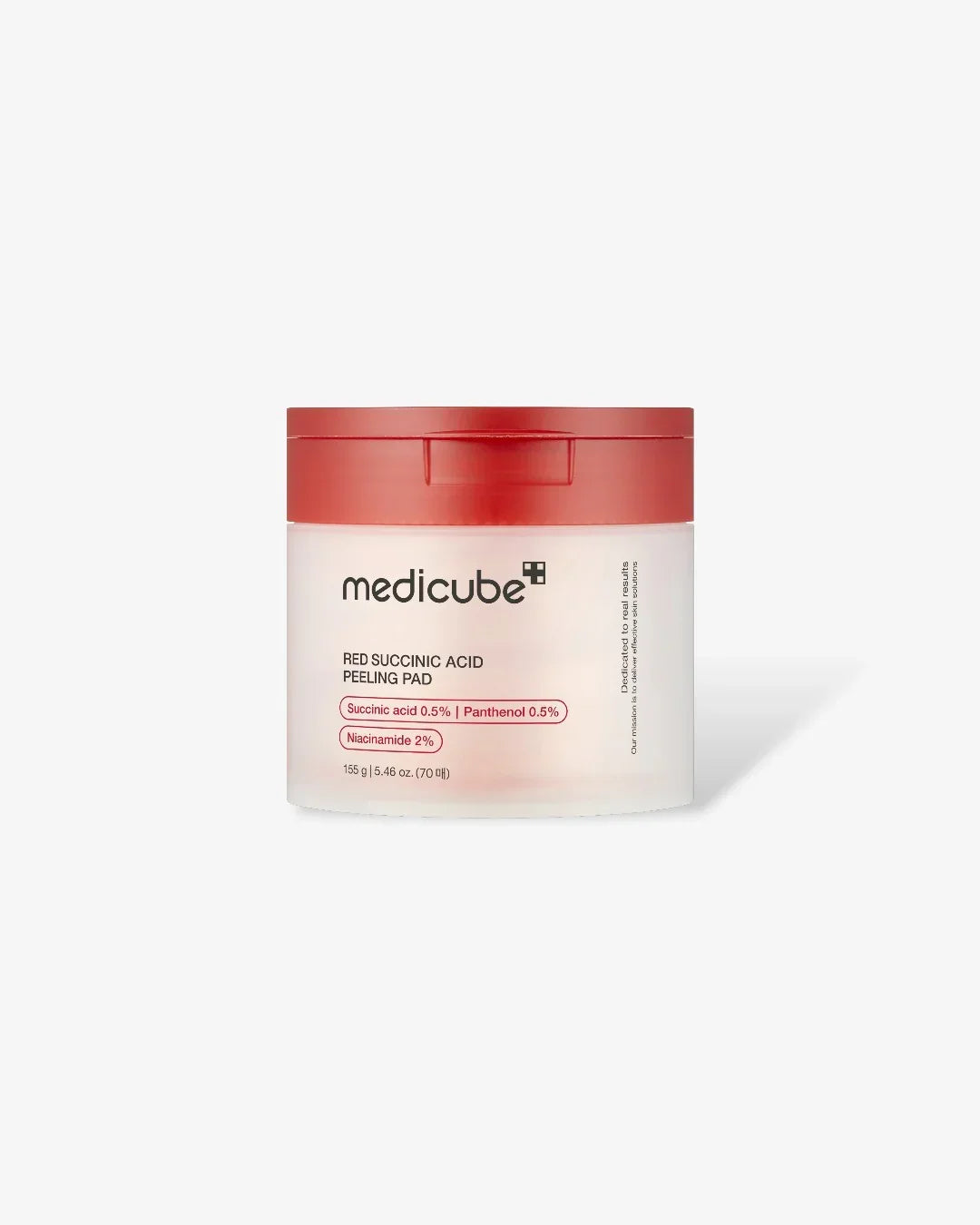 Medicube Red Succinic Acid Peeling Pad jar with red lid and key ingredients listed