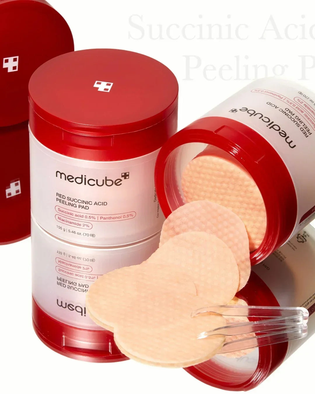 Medicube Red Succinic Acid Peeling Pad container with exfoliating pads and transparent tweezers