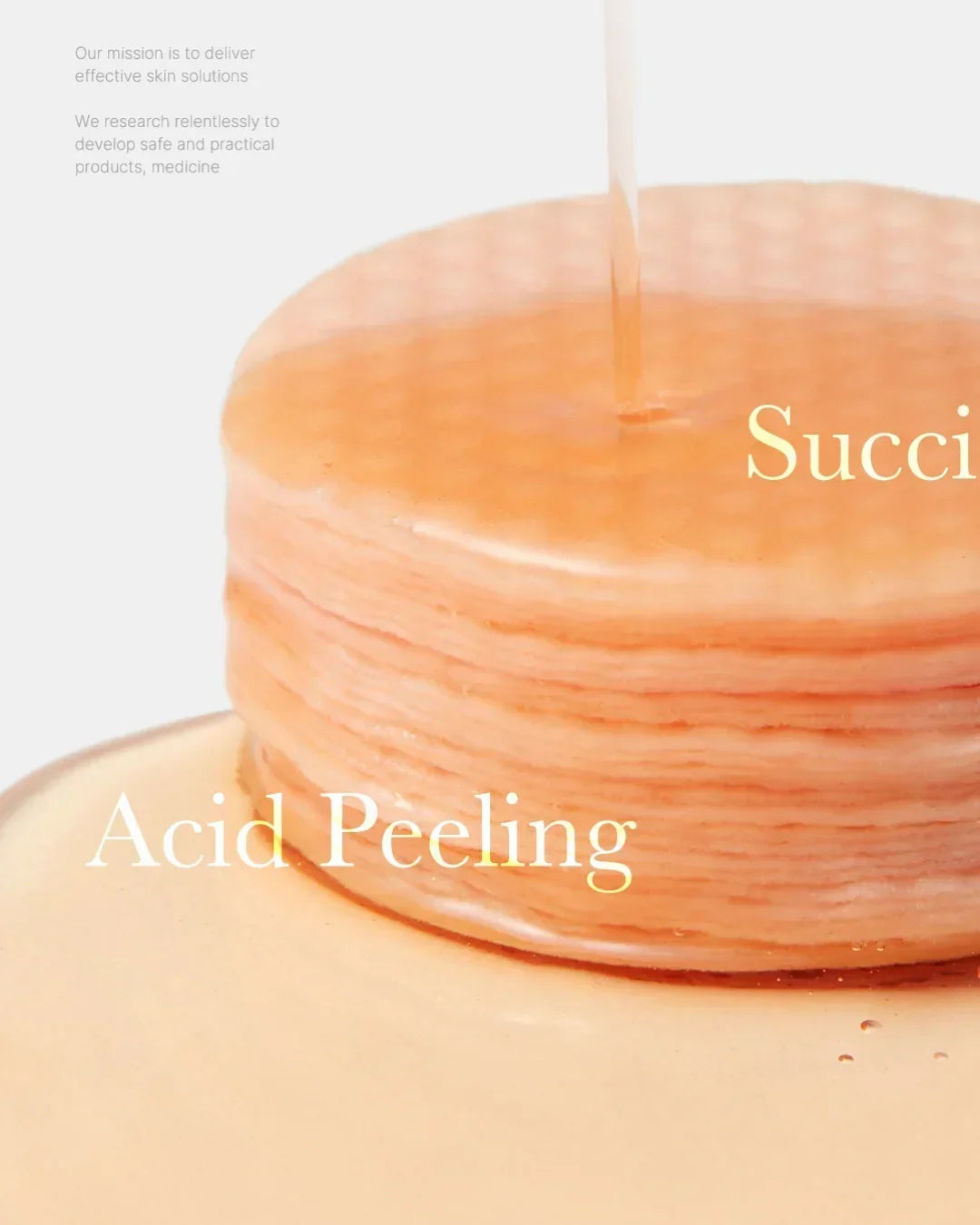 Stack of peach-colored succinic acid peeling pads with liquid being poured over them
