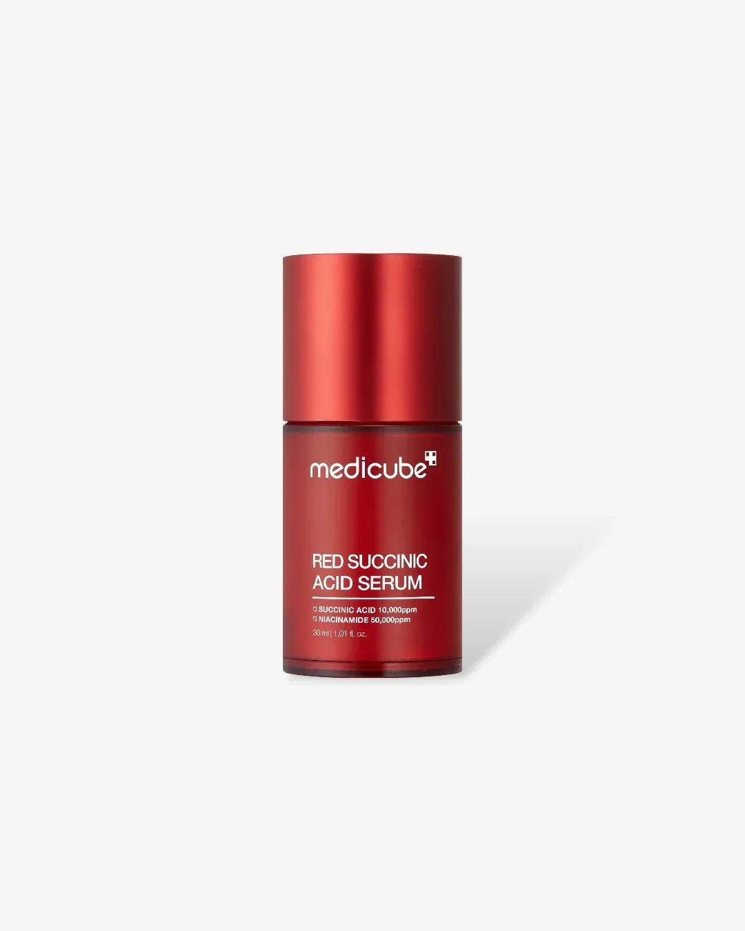 Red Medicube Red Succinic Acid Serum bottle with white text on white background