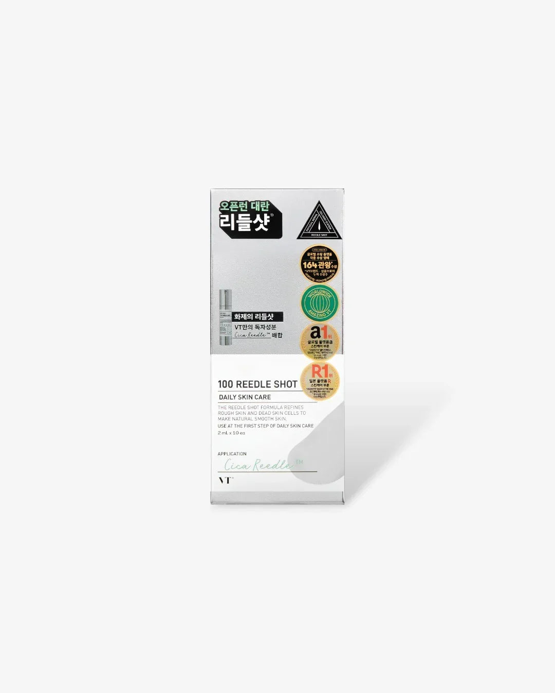 VT 100 Reedle Shot daily skin care pack with gold and green award labels on white background