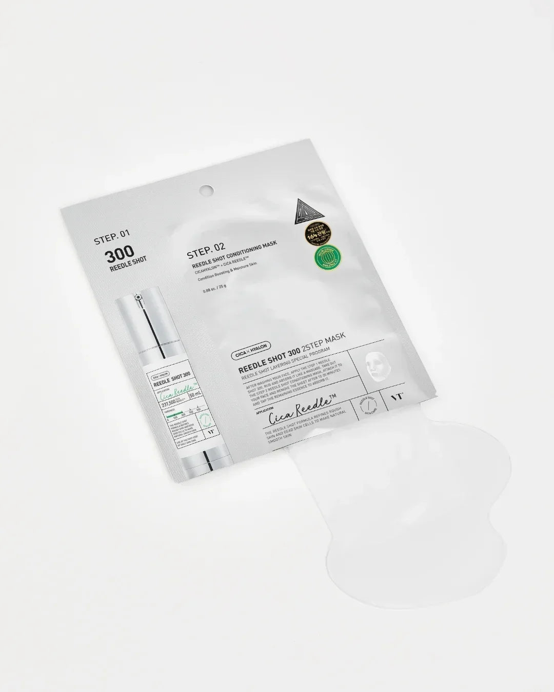 Reedle Shot 300 2-step facial mask with conditioning sheet mask and serum pack on white background