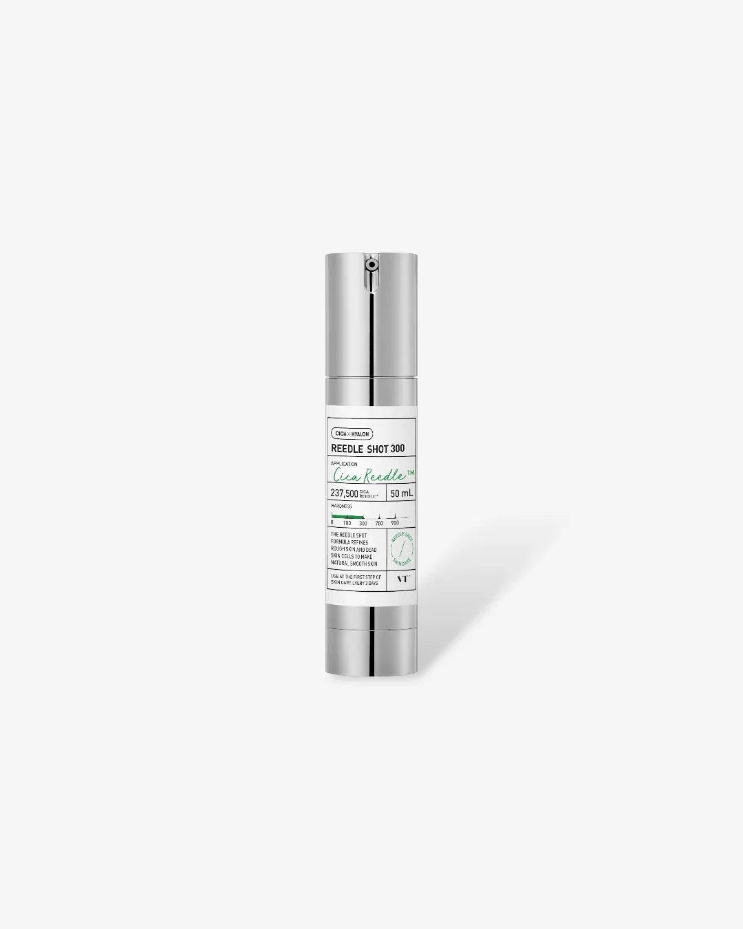 VT Cica Reedle Shot 300 skincare serum in silver airless pump bottle on white background