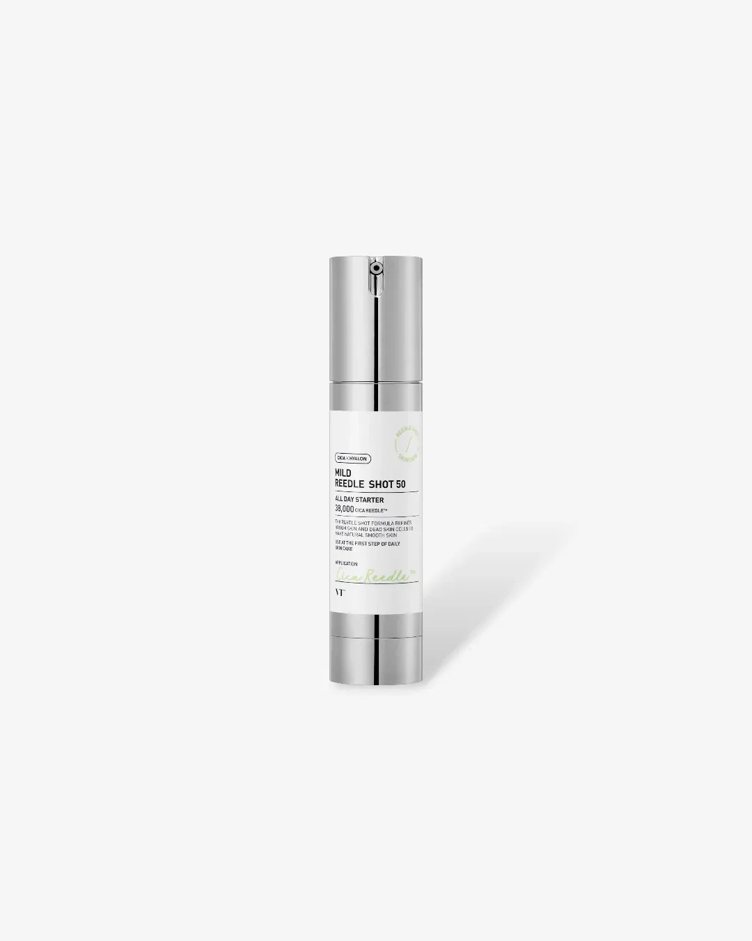 VT Mild Reedle Shot 50 skincare serum bottle with silver pump on white background