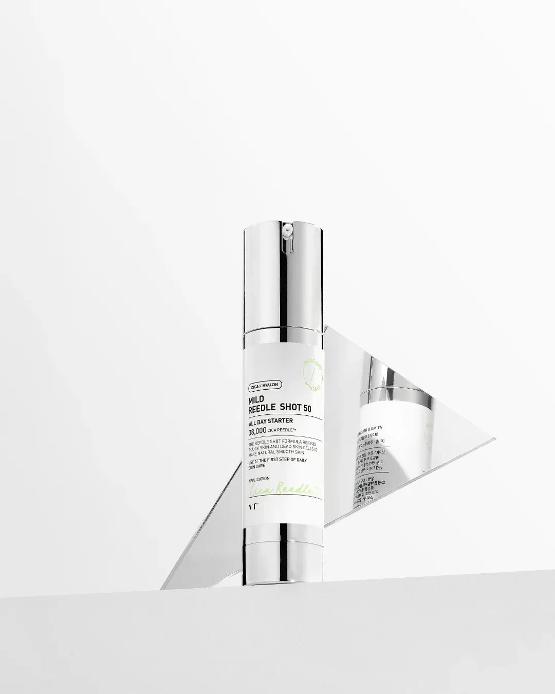 VT Cica Mild Reedle Shot 50 skincare serum bottle with metallic silver cap on white background