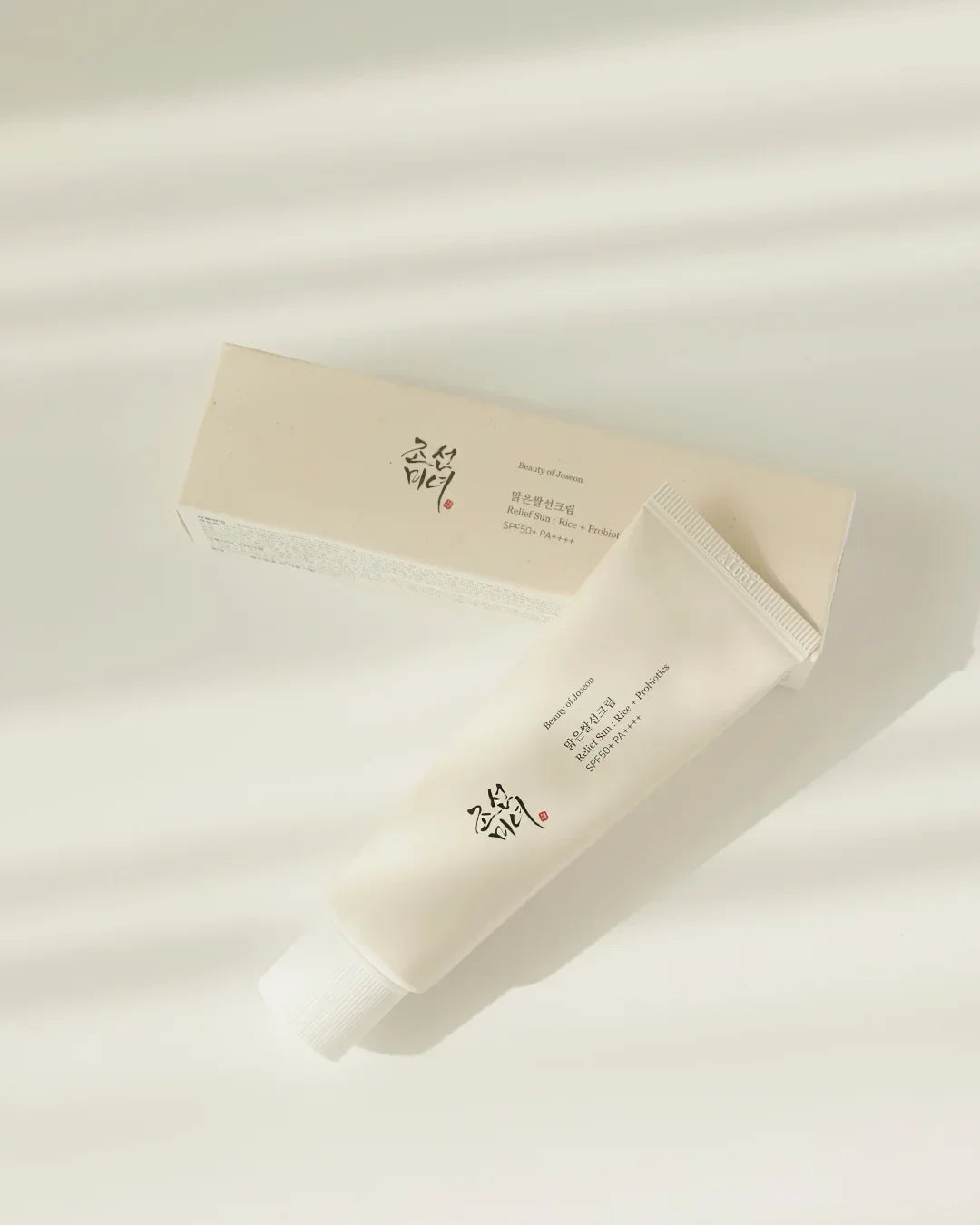 Beauty of Joseon Relief Sun Rice Probiotics SPF50+ PA++++ sunscreen tube and box on white background