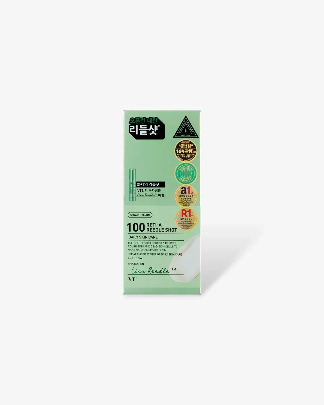 Green box of VT 100 Reti-A Reedle Shot daily skincare with Korean text and award badges