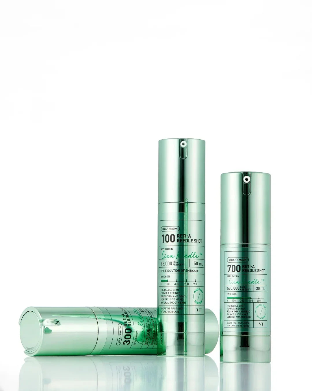 Three green metallic VT Cica x Hyalon Reti-A Reedle Shot skincare bottles on white background