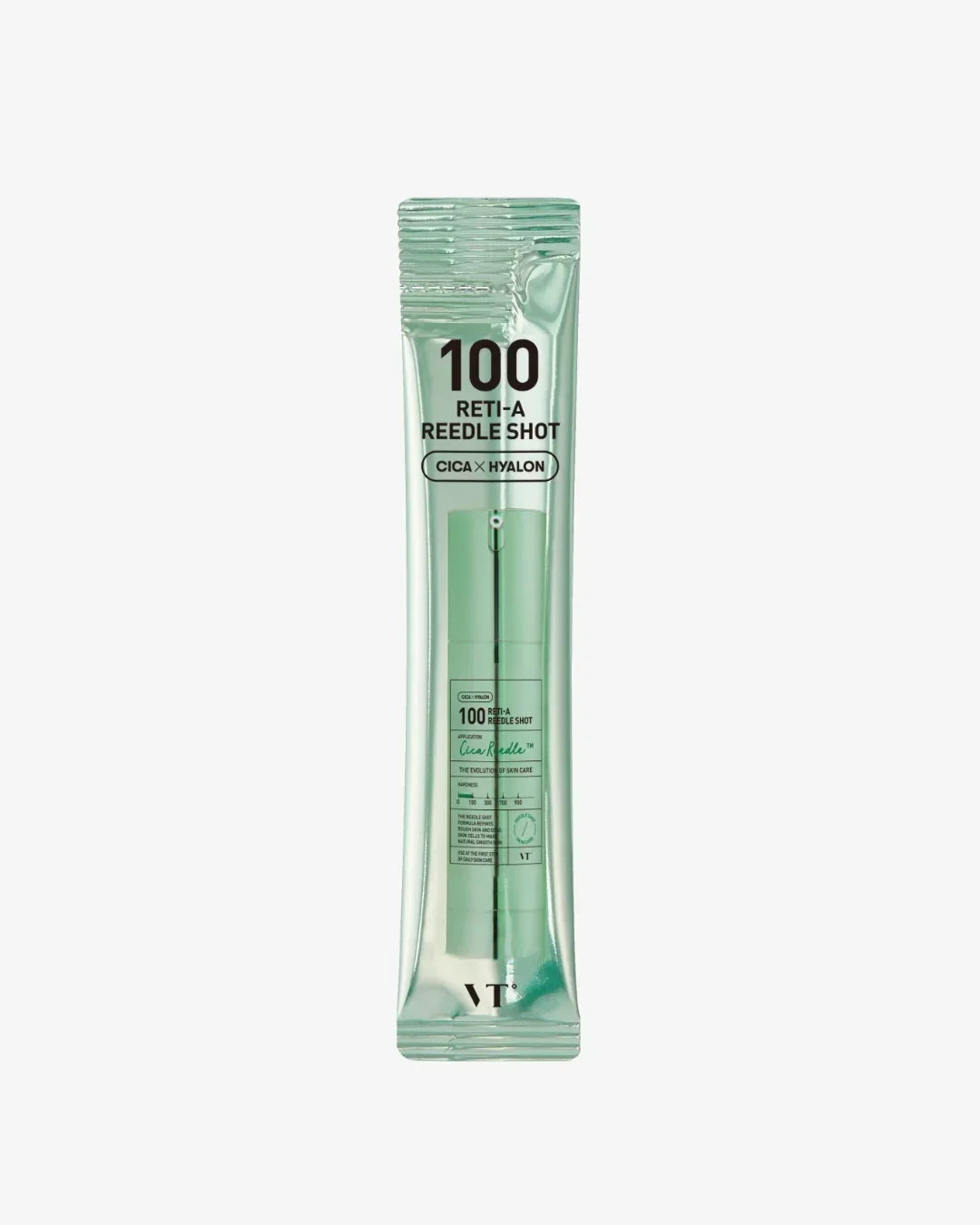 VT 100 Reti-A Reedle Shot skincare ampoule in green single-use packaging with Cica and Hyalon