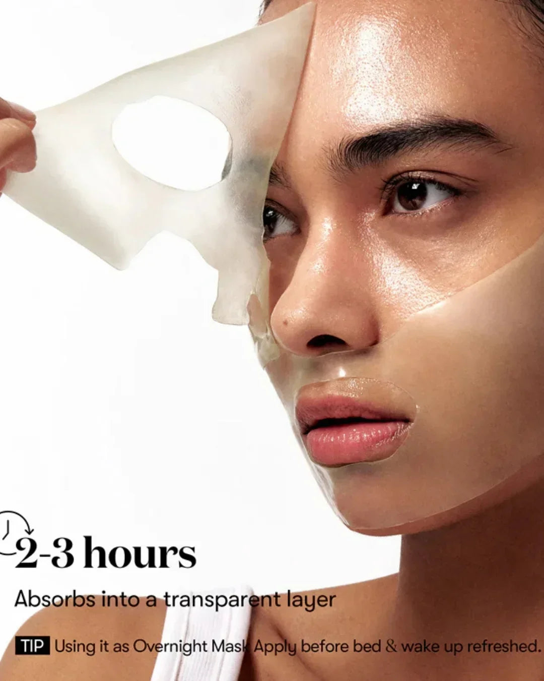 Close-up of woman peeling off a transparent hydrogel face mask showing glowing skin