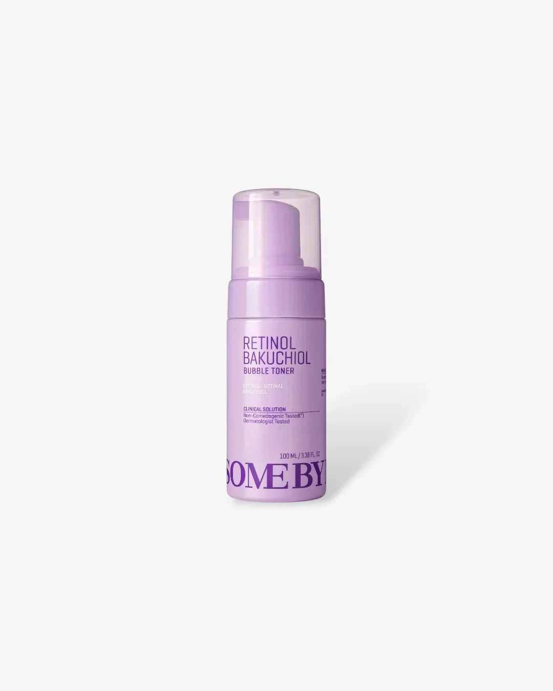 Purple bottle of Retinol Bakuchiol Bubble Toner skincare product with clear cap on white background