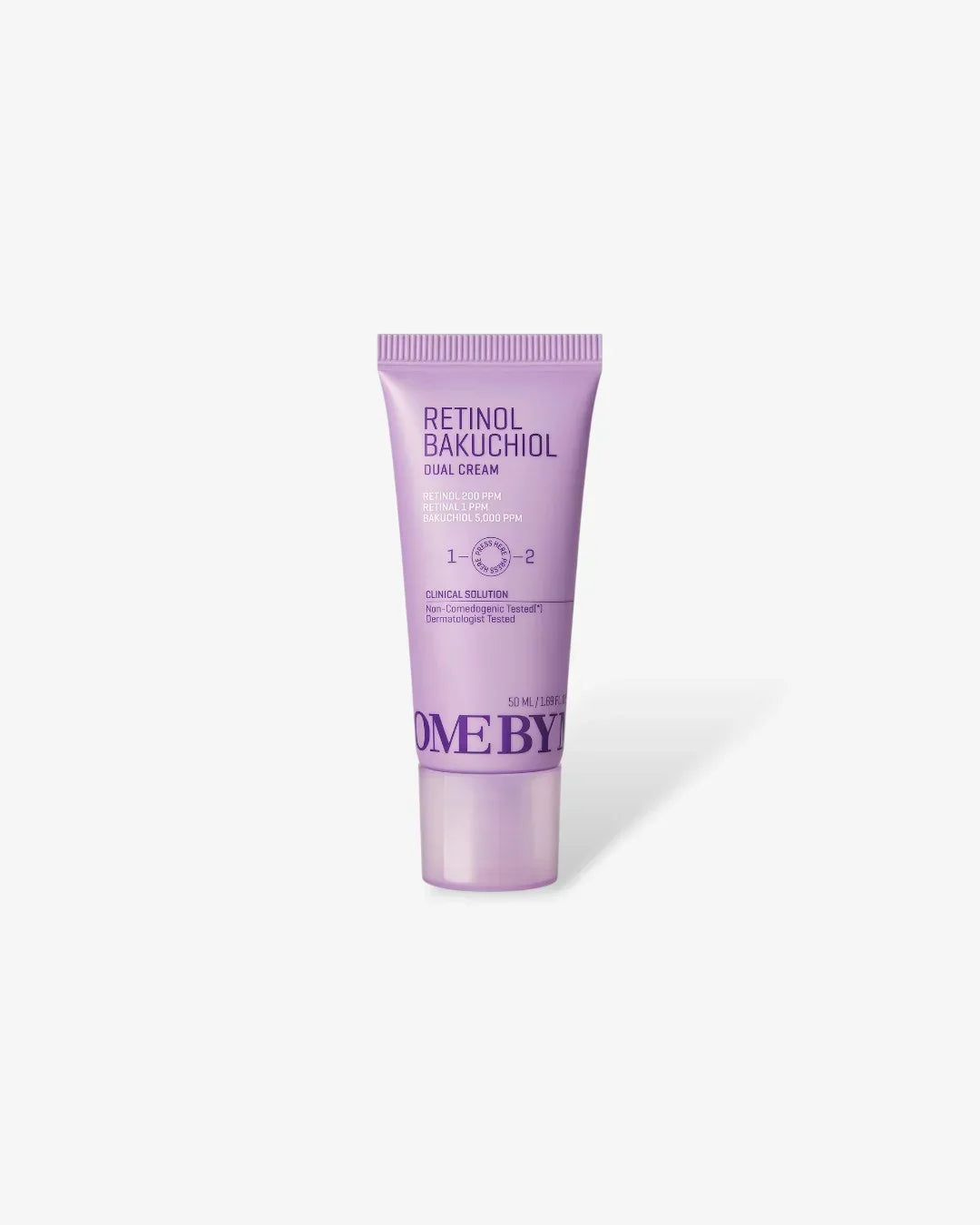 Lavender tube of Retinol Bakuchiol Dual Cream skincare product on white background