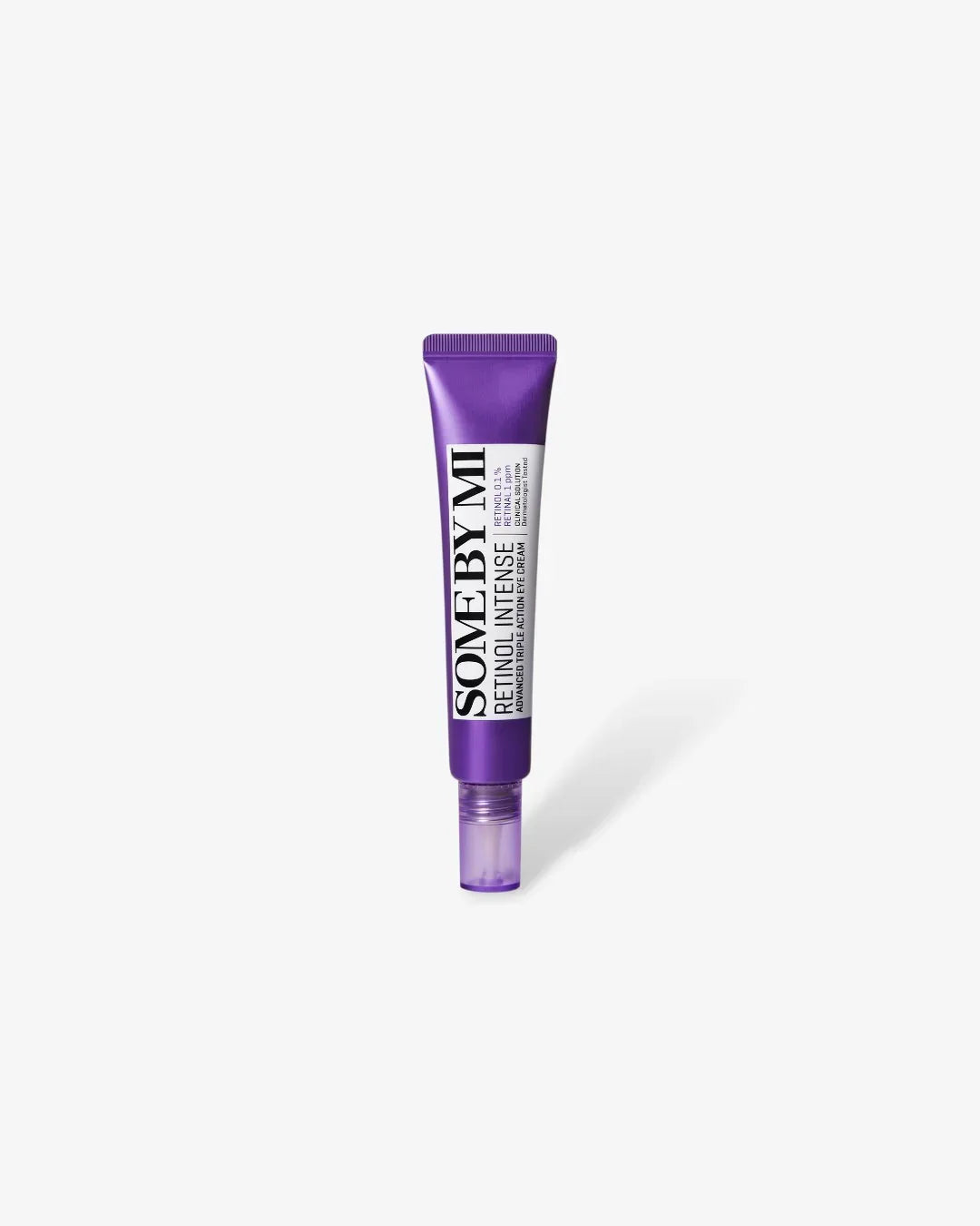 Purple tube of SOME BY MI Retinol Intense Advanced Triple Action Eye Cream on white background