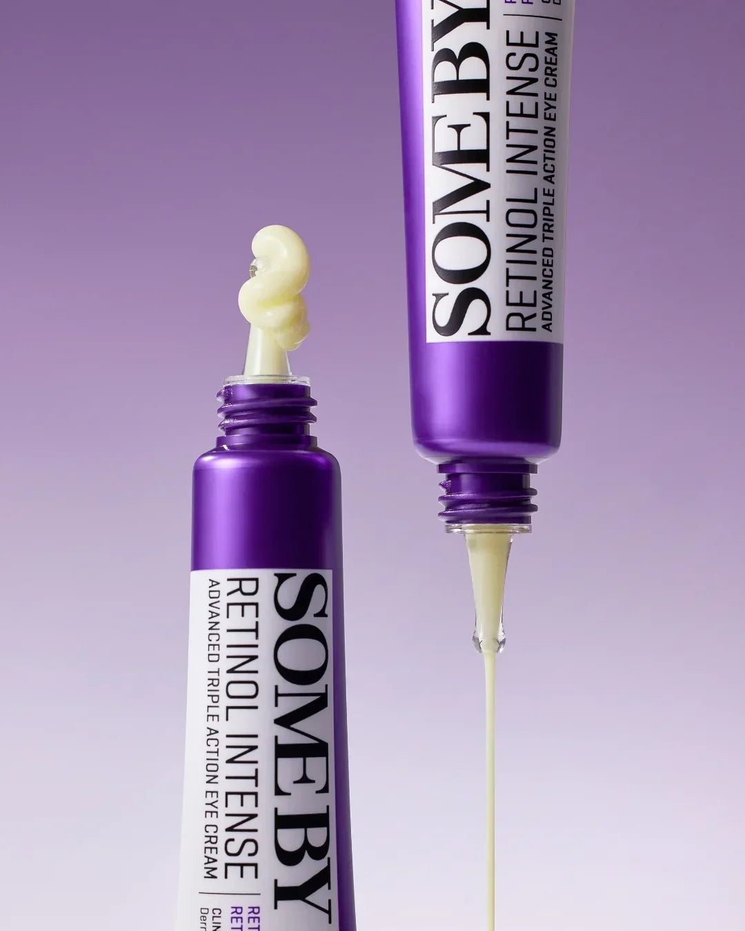 SOMEBYMI Retinol Intense Advanced Triple Action Eye Cream tubes with cream on lavender background