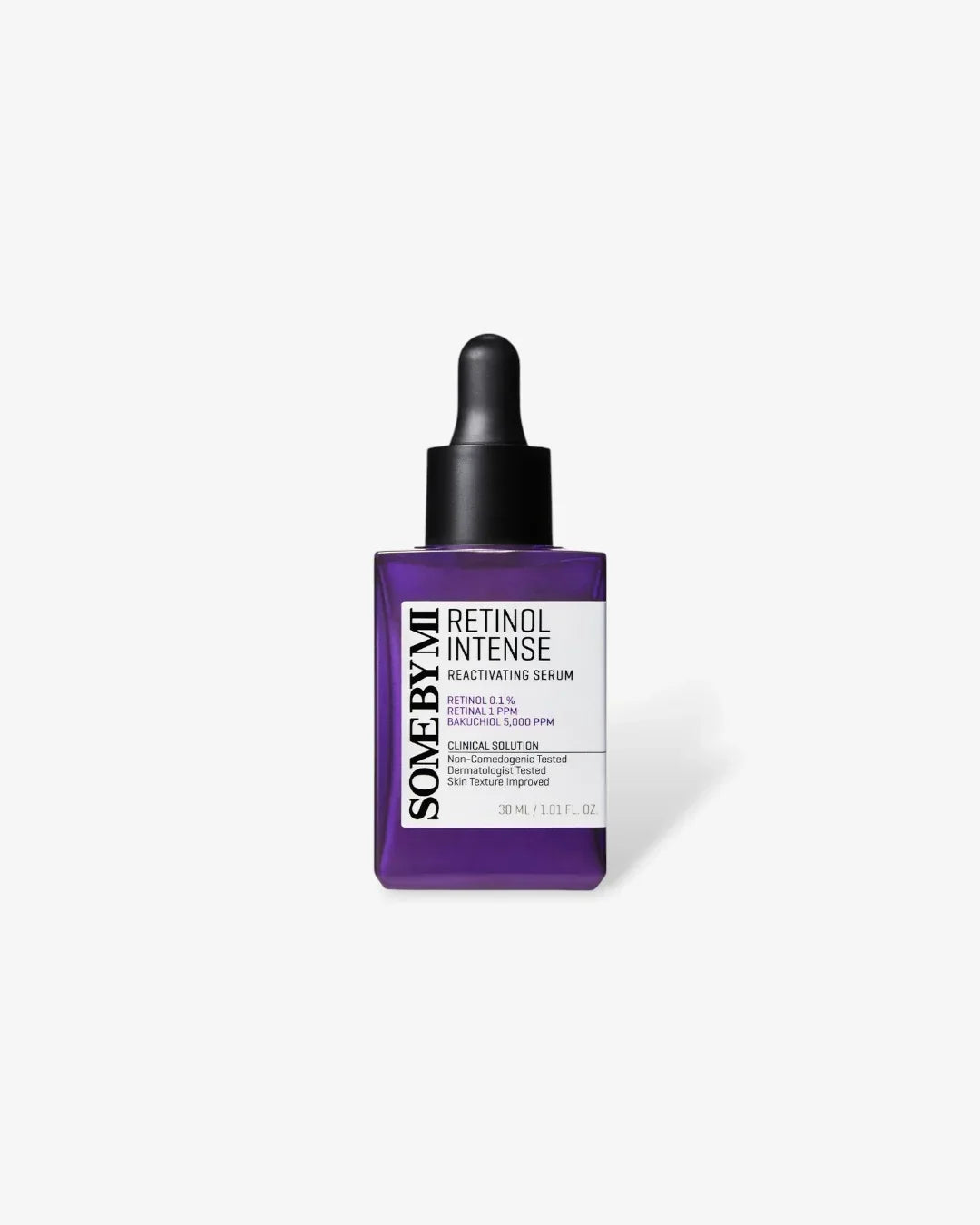 Purple glass bottle of SOME BY MI Retinol Intense Reactivating Serum with dropper on white background