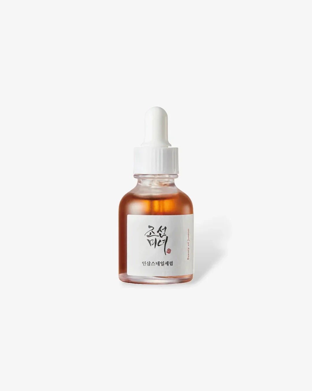 30ml amber glass dropper bottle of Korean ginseng snail mucin revive serum on white background