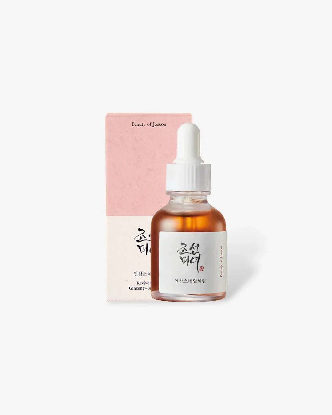 Beauty of Joseon Revive Serum with Ginseng and Snail Mucin in glass dropper bottle and pink box