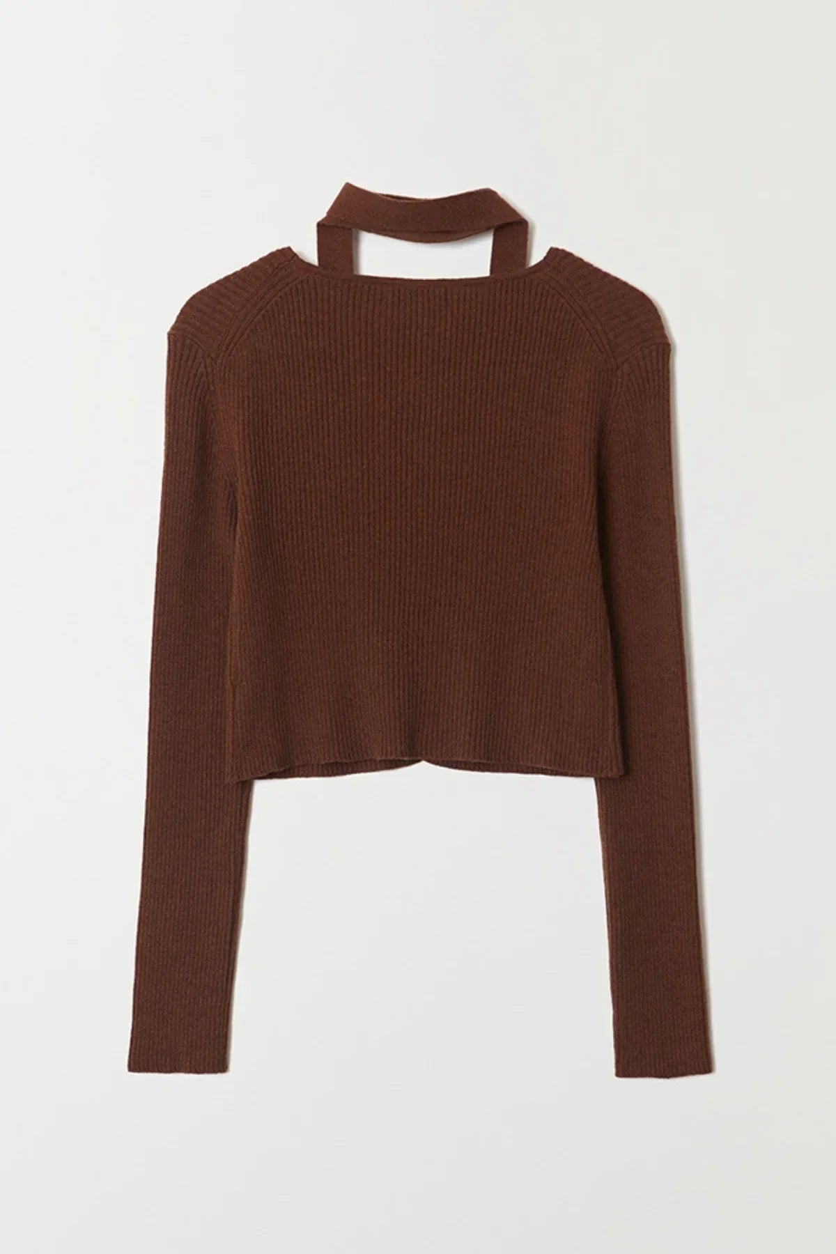 Brown ribbed V-neck open cardigan with long sleeves laid flat on white background