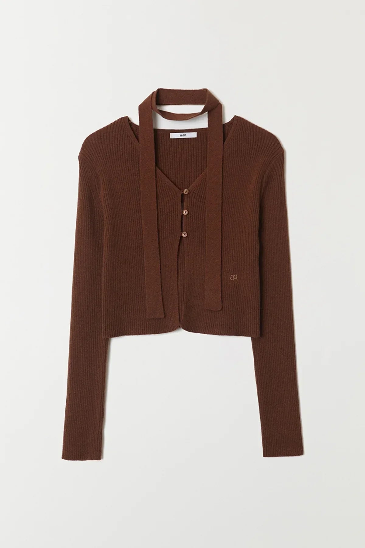 Brown ribbed V-neck open cardigan with long sleeves and button details, laid flat on white background