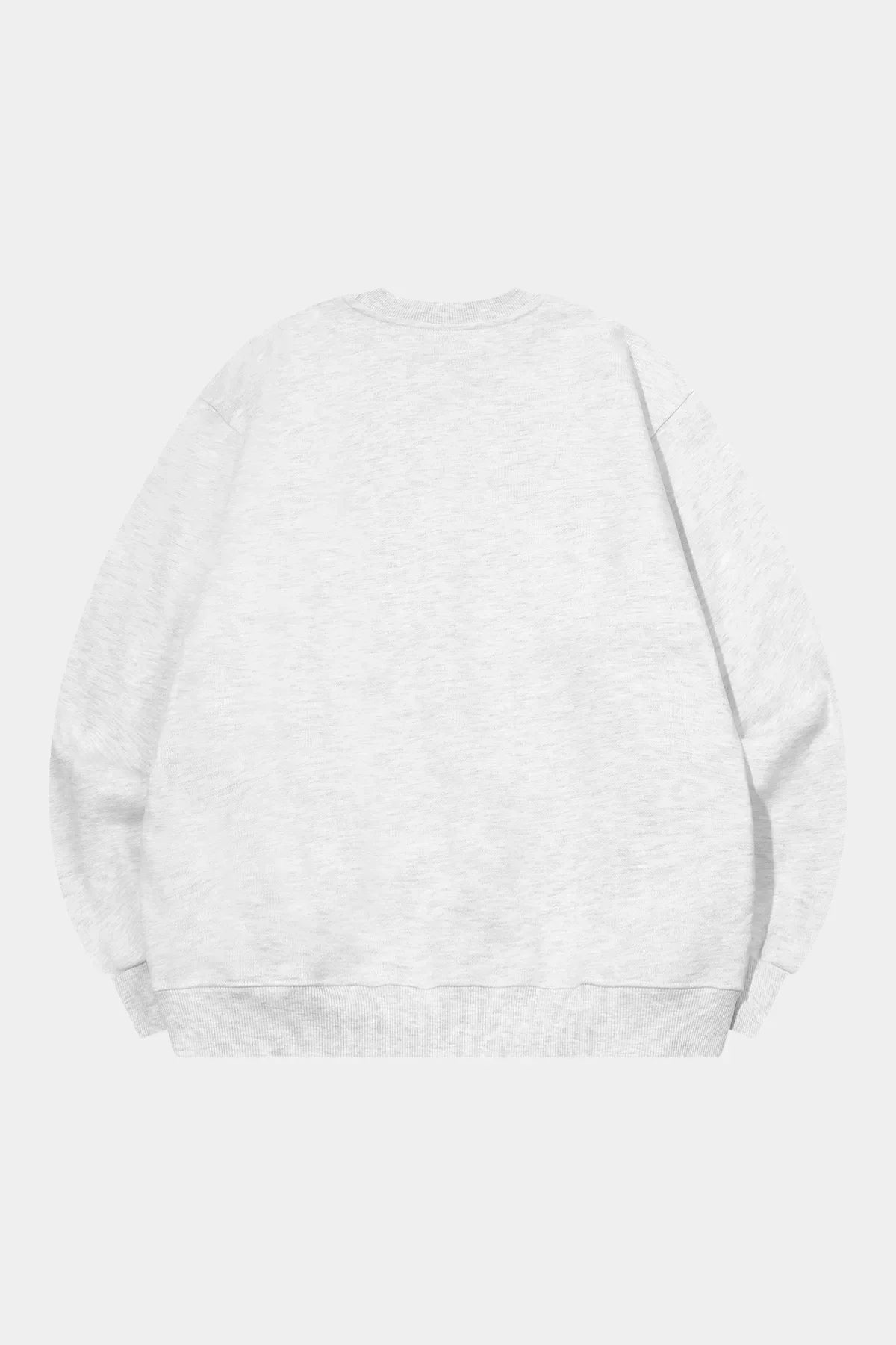 Back view of a plain melange white crewneck sweatshirt with long sleeves and ribbed cuffs and hem