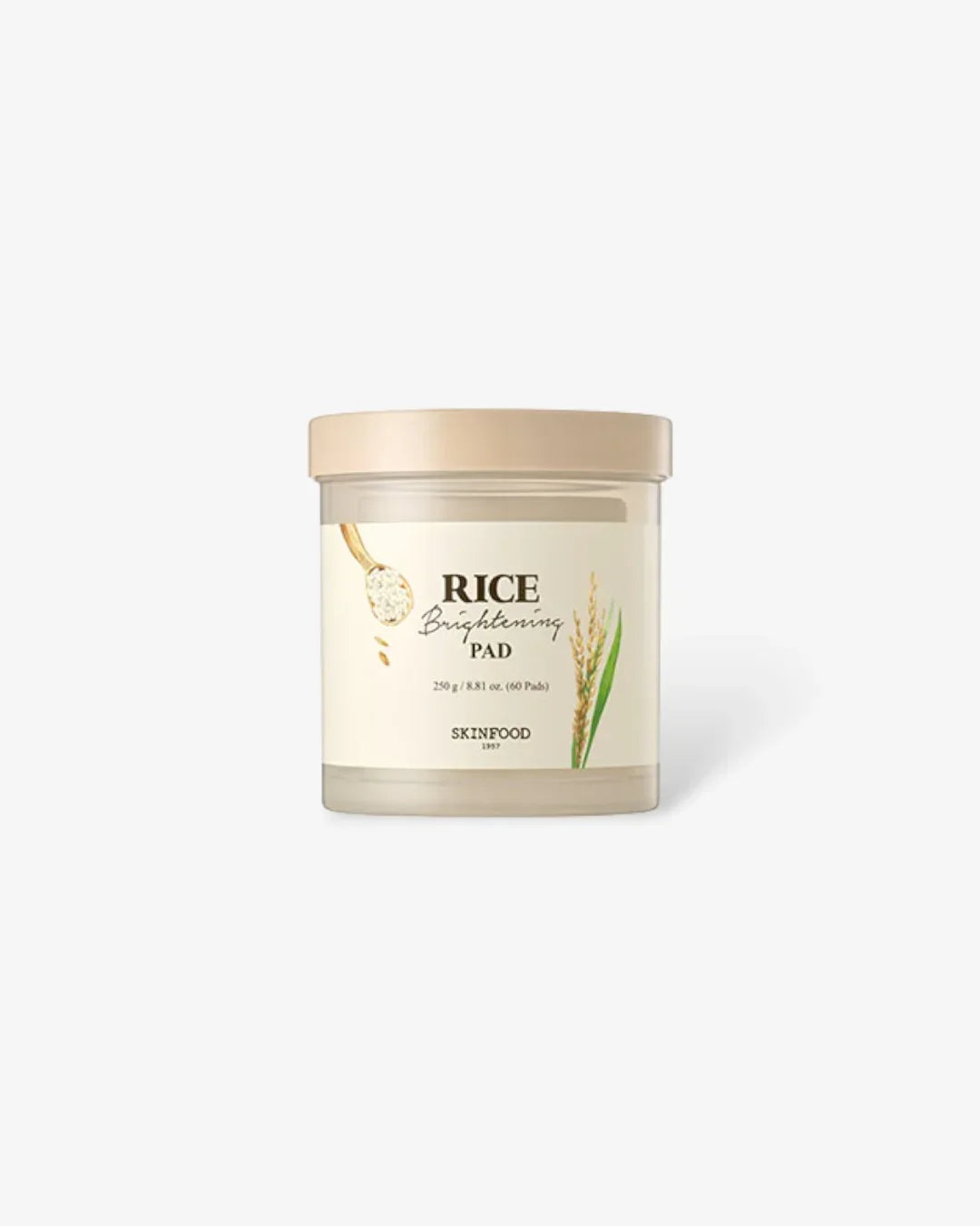 Skinfood Rice Brightening Pad jar with beige lid and rice graphics on label