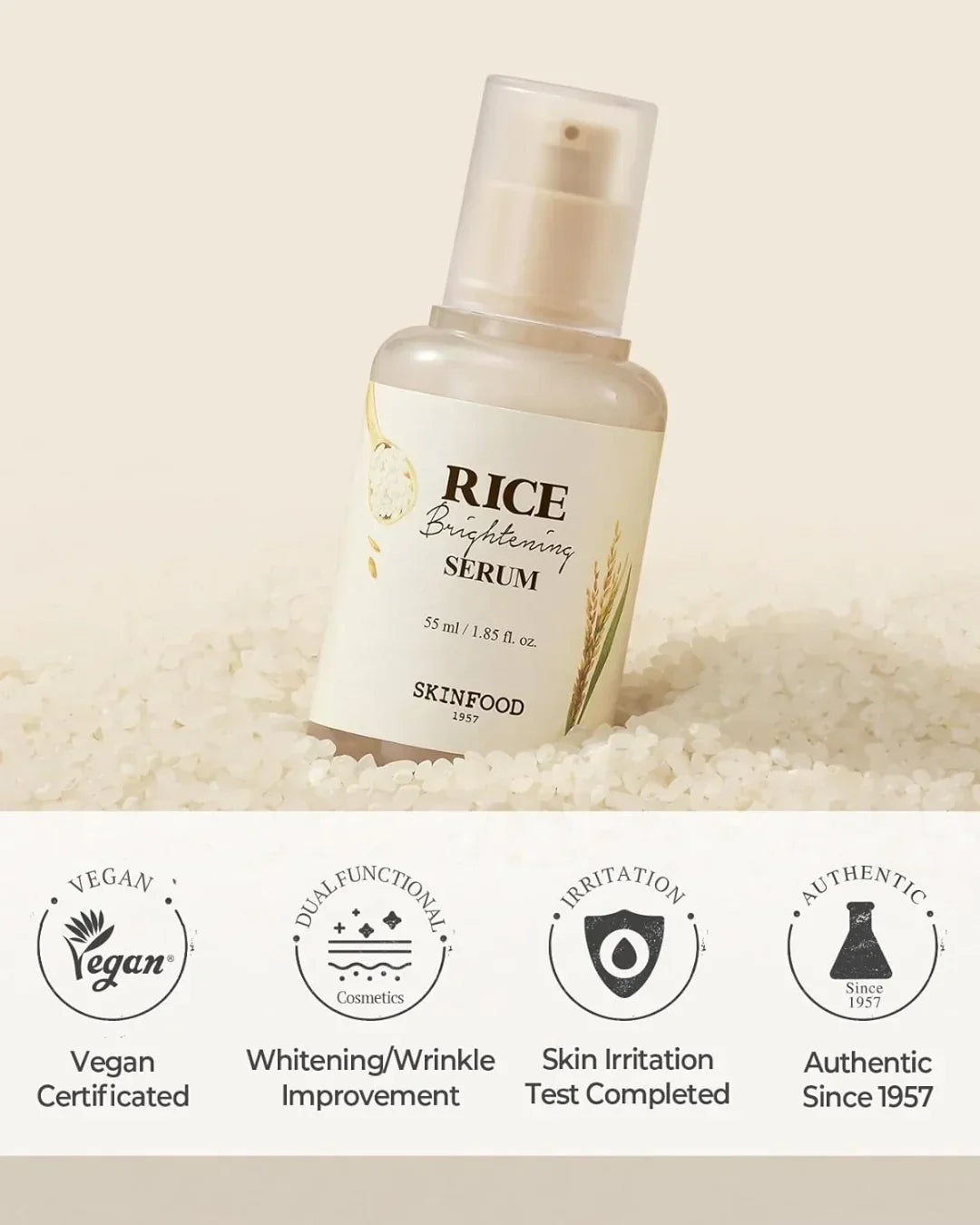 Skinfood Rice Brightening Serum 55ml bottle on rice grains with vegan and skin irritation test icons